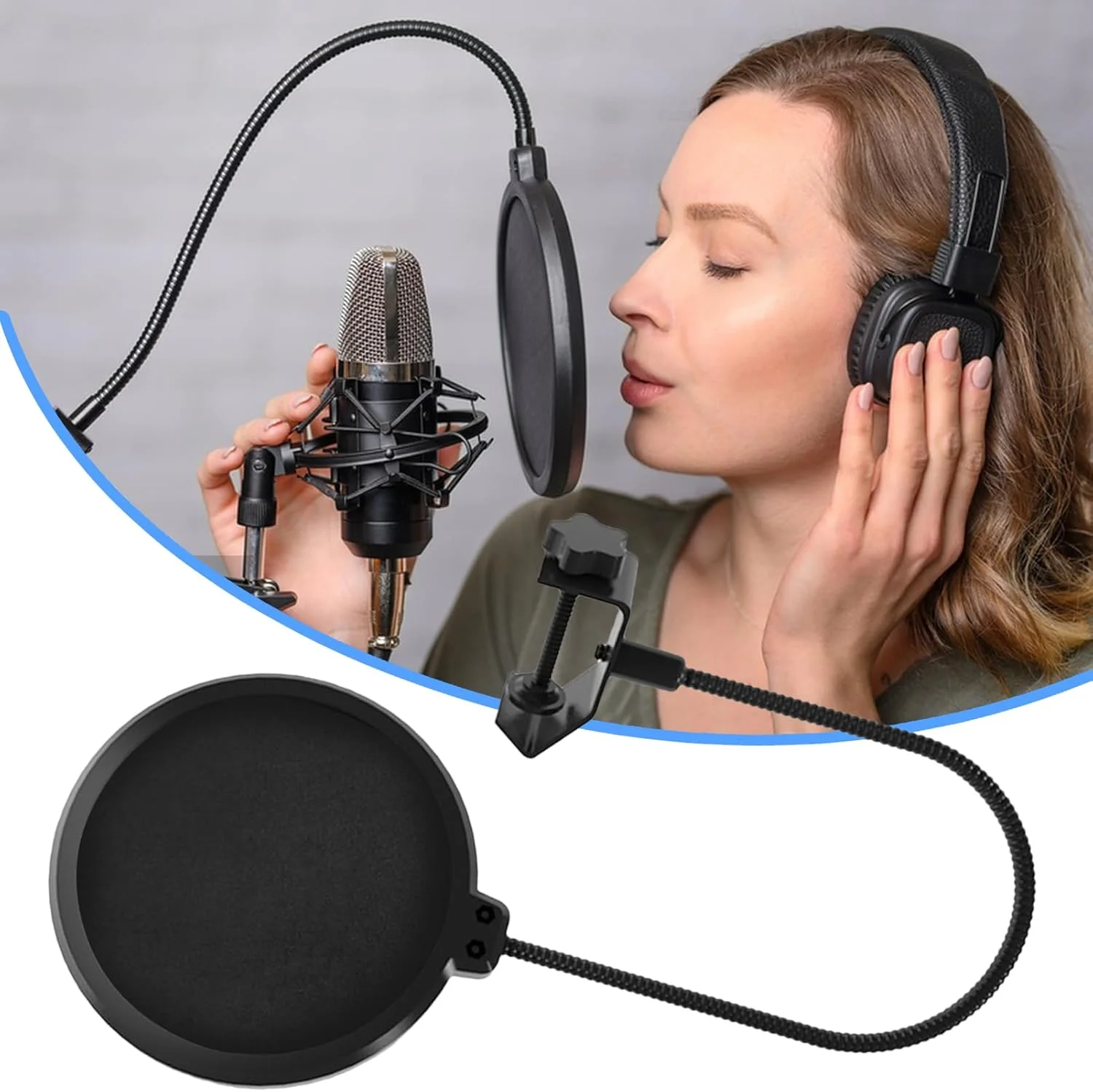 فیلتر پاپ میکروفون، محافظ باد استودیویی - محافظ باد تجهیزات صوتی دو لایه با گردن غازی انعطاف پذیر برای دوبله و آواز