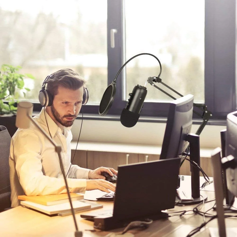 فیلتر پاپ میکروفون استودیویی دولایه با شکل گرد، ماسک محافظ باد میکروفون به همراه گیره پایه