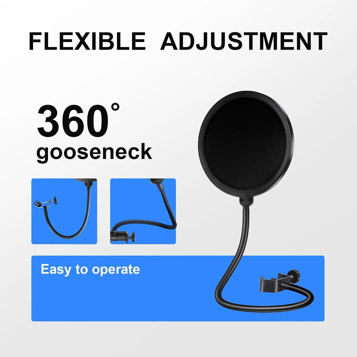 پاپ فیلتر میکروفون، پاپ فیلتر میکروفون برای بلو یتی و سایر میکروفون ها، صفحه بادگیر دولایه با بازوی تثبیت کننده گیره 360 درجه انعطاف پذیر پیشرفته برای ضبط صدا، پخش زنده، بازی