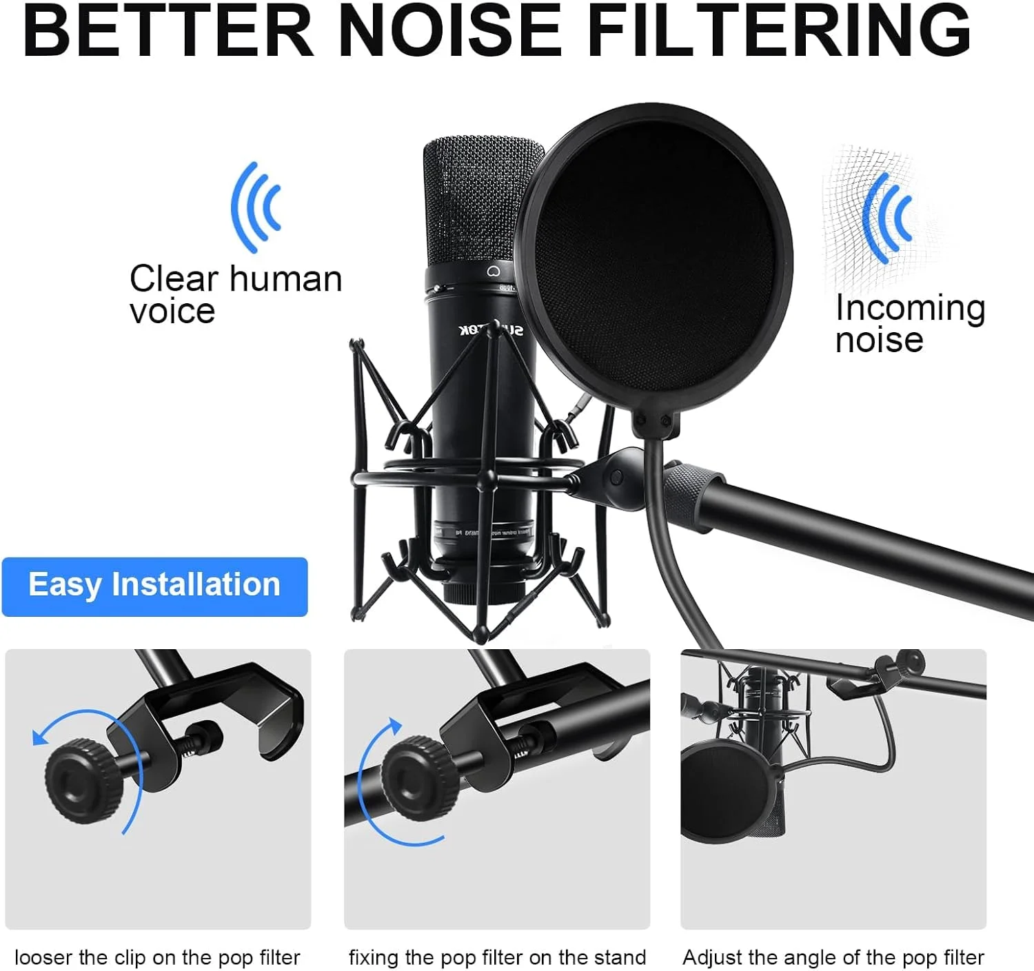 پاپ فیلتر میکروفون، پاپ فیلتر میکروفون برای بلو یتی و سایر میکروفون ها، صفحه بادگیر دولایه با بازوی تثبیت کننده گیره 360 درجه انعطاف پذیر پیشرفته برای ضبط صدا، پخش زنده، بازی