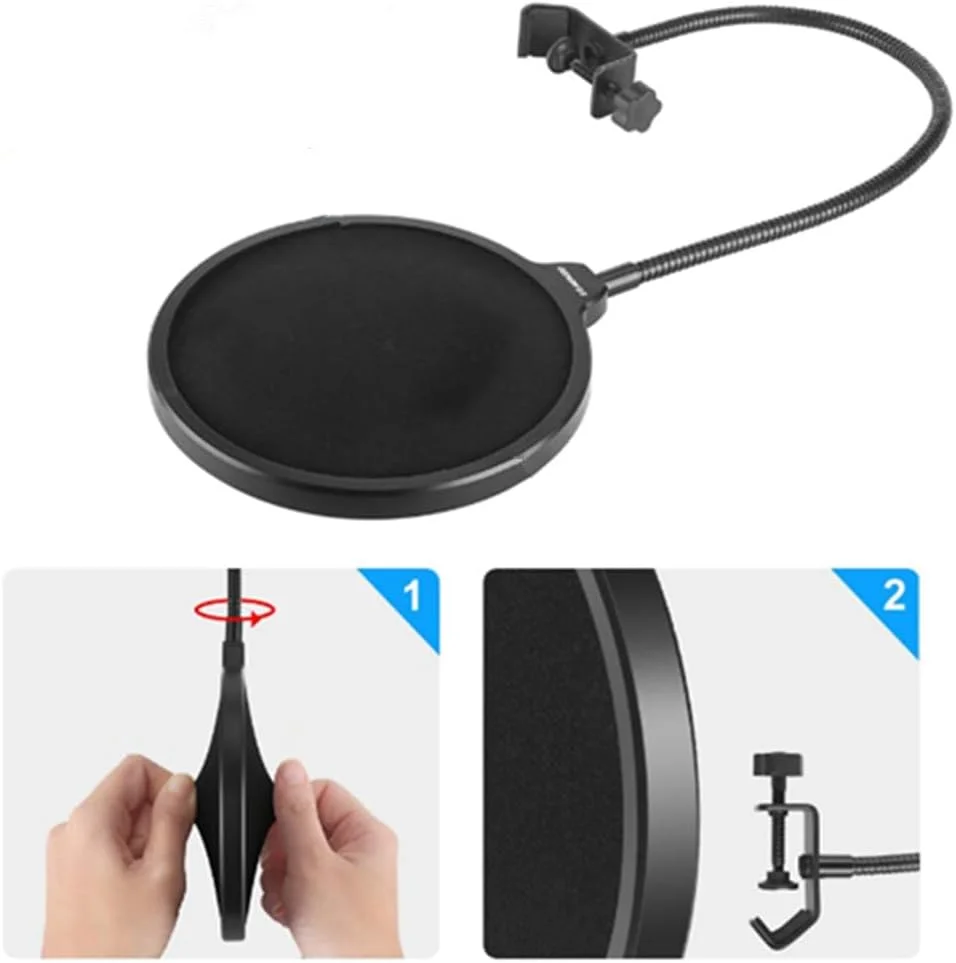 فیلتر پاپ میکروفون با 3 اسفنج ضد باد میکروفون به همراه بازوی تثبیت کننده گردن غازی انعطاف پذیر با قابلیت چرخش 360 درجه برای اکثر میکروفون ها