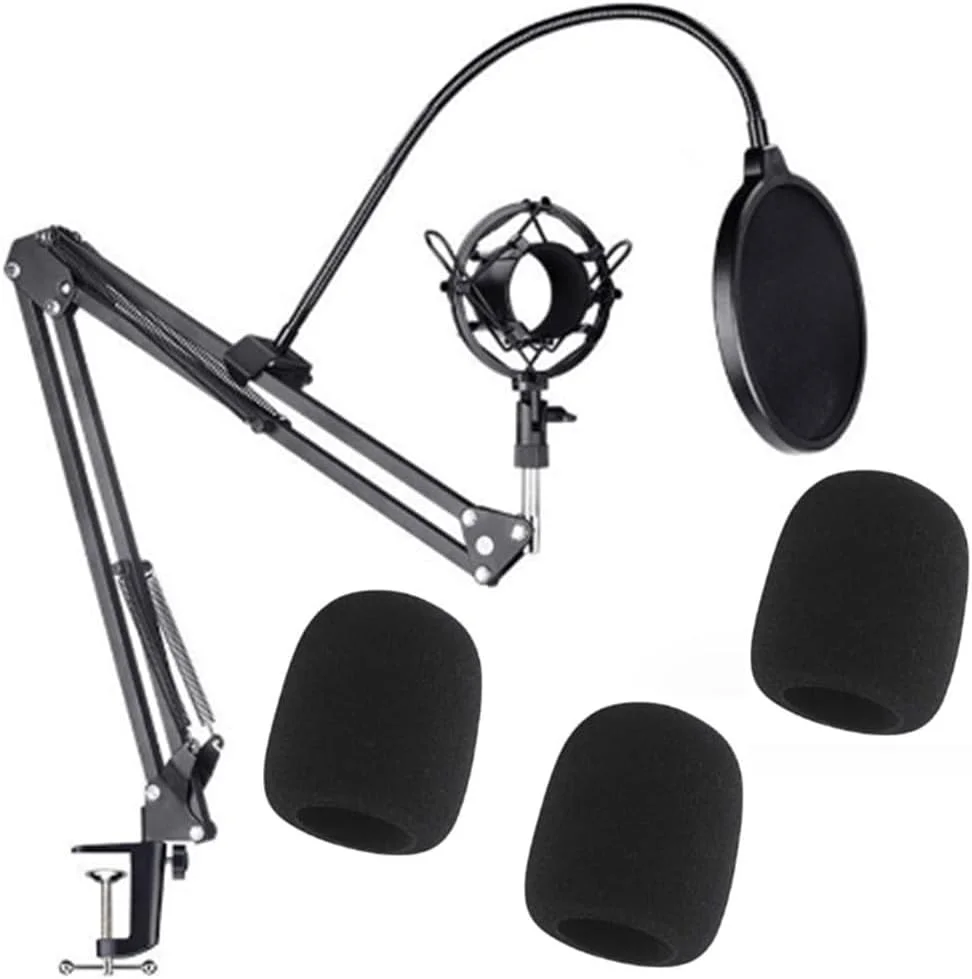 فیلتر پاپ میکروفون با 3 اسفنج ضد باد میکروفون به همراه بازوی تثبیت کننده گردن غازی انعطاف پذیر با قابلیت چرخش 360 درجه برای اکثر میکروفون ها