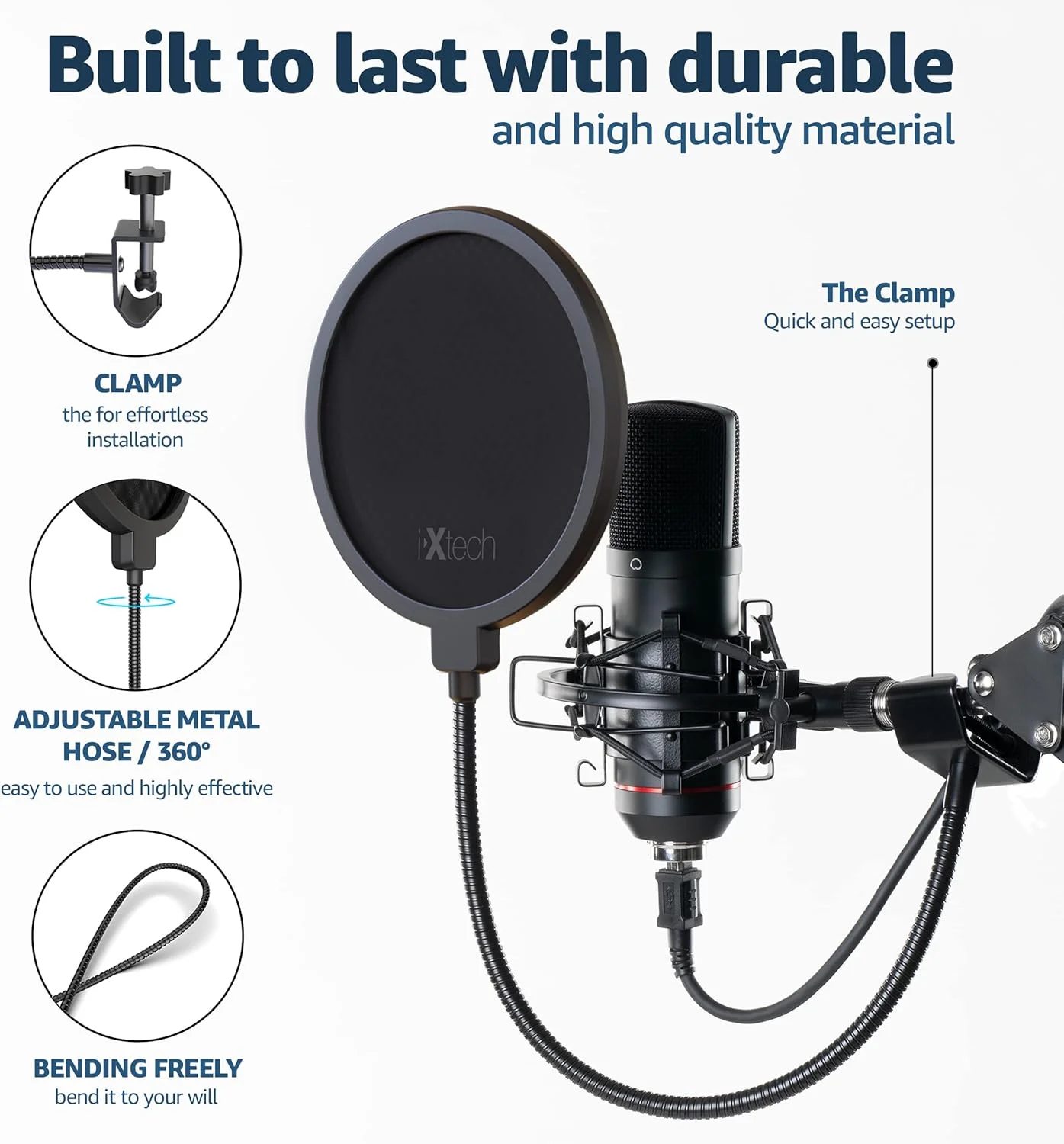 فیلتر پاپ IXTECH برای میکروفون، فیلتر پاپ میکروفون، محافظ صفحه نمایش صوتی دو لایه، محافظ بادگیر با گیره گردن غازی انعطاف پذیر 360 درجه تثبیت کننده.