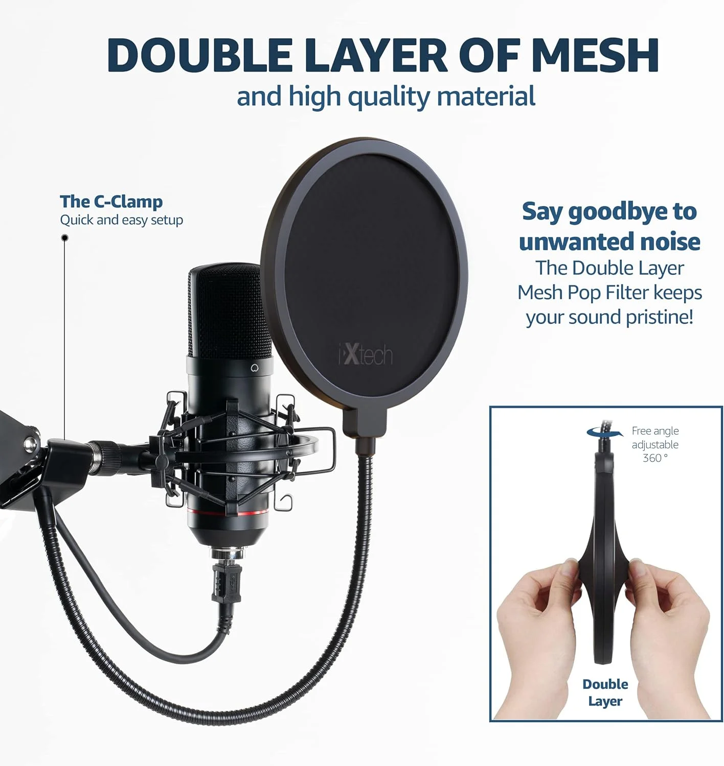 فیلتر پاپ IXTECH برای میکروفون، فیلتر پاپ میکروفون، محافظ صفحه باد دولایه با گردن غازی انعطاف پذیر 360 درجه و گیره تثبیت کننده.