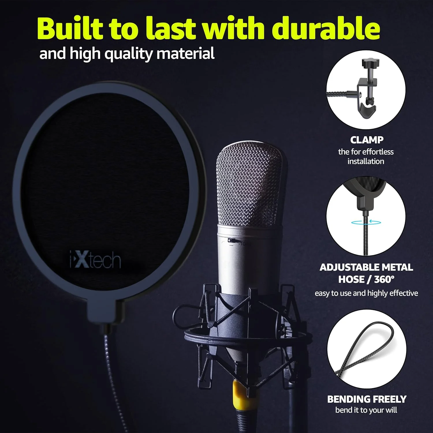 فیلتر پاپ IXTECH برای میکروفون، فیلتر پاپ میکروفون، محافظ صفحه نمایش صوتی دو لایه، محافظ بادگیر با گیره گردن غازی انعطاف پذیر 360 درجه تثبیت کننده.