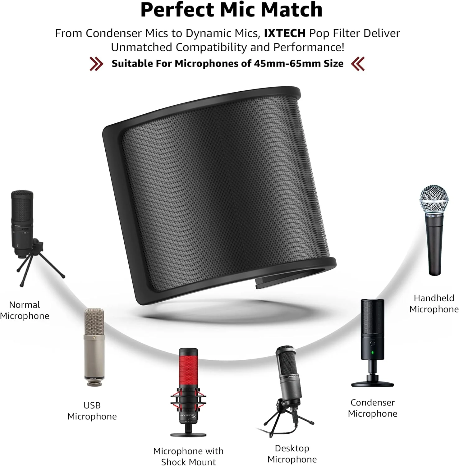 فیلتر پاپ میکروفون IXTECH، محافظ میکروفون با توری فلزی و فیلتر فوم، پوشش محافظ باد میکروفون دستی، لوازم جانبی میکروفون محافظ نویز برای ضبط پادکست، ولاگ و استریم.