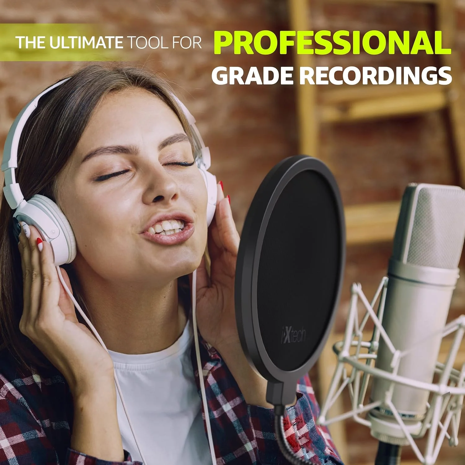 فیلتر پاپ IXTECH برای میکروفون، فیلتر پاپ میکروفون، محافظ صفحه باد دولایه با گردن غازی انعطاف پذیر 360 درجه و گیره تثبیت کننده.