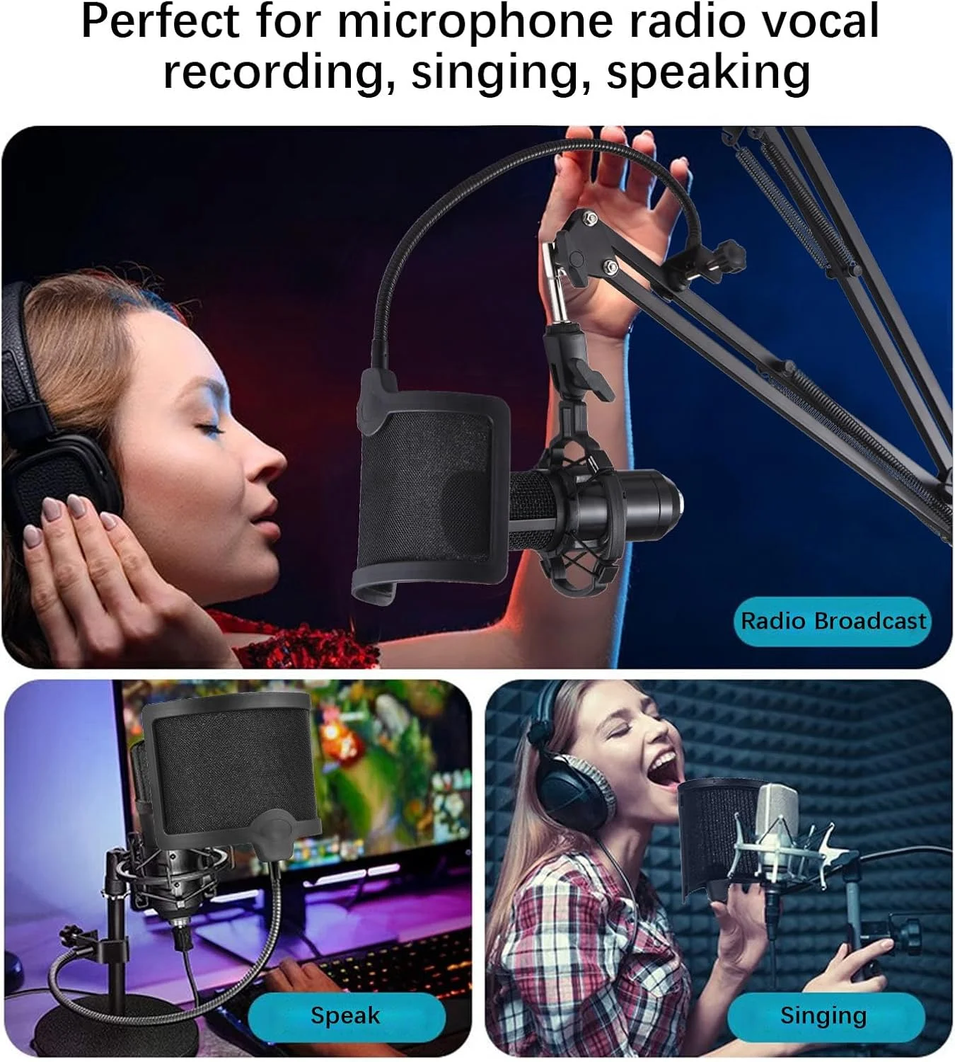 فیلتر پاپ تور U شکل Joleritc با شفت انعطاف پذیر، فیلتر آکوستیک میکروفون، توری ضد نویز باد، محافظ میکروفون استودیویی برای رادیو و وکال