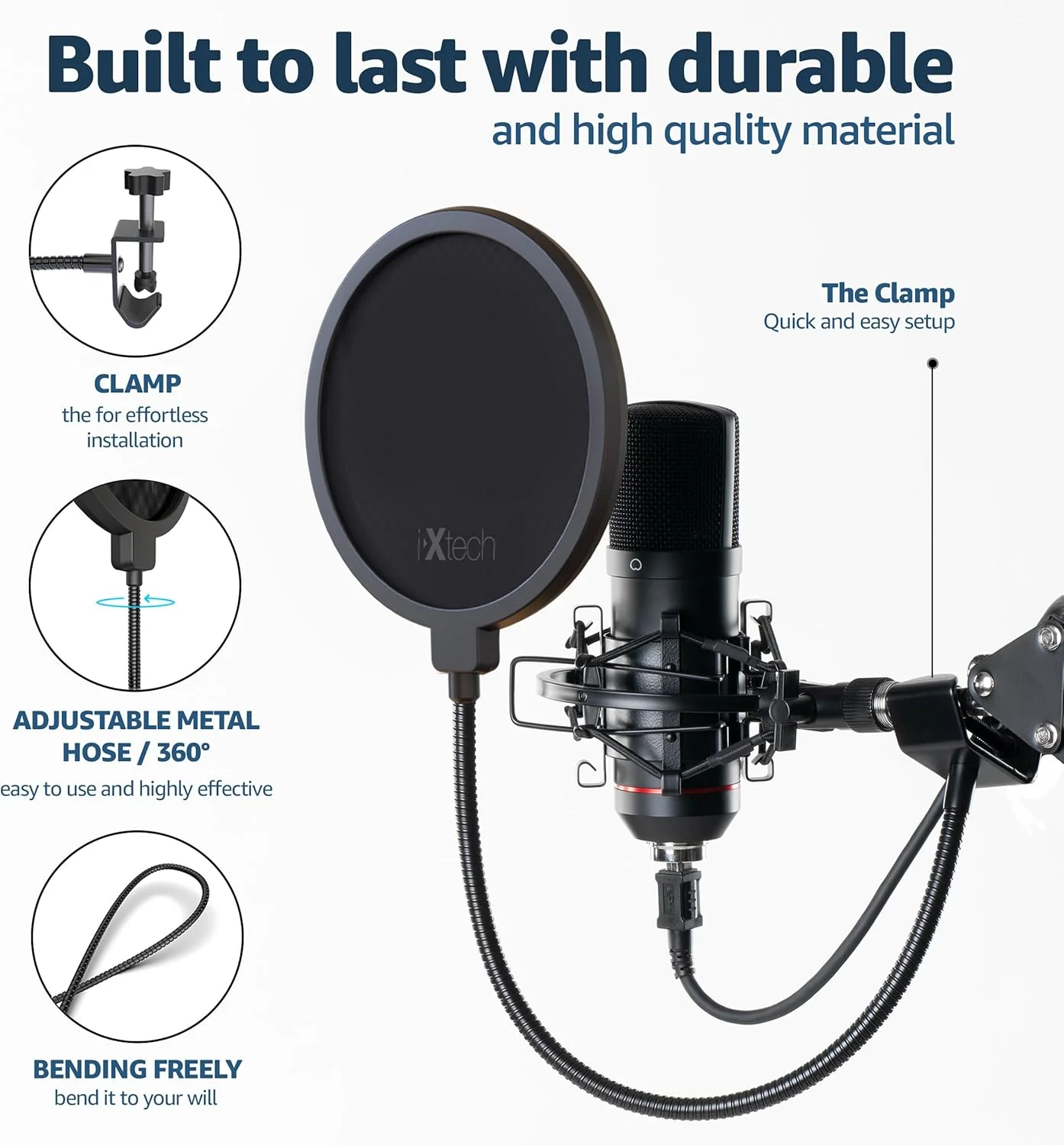 فیلتر پاپ IXTECH برای میکروفون، فیلتر پاپ دولایه بادگیر با گردنی انعطاف پذیر 360 درجه و گیره تثبیت کننده