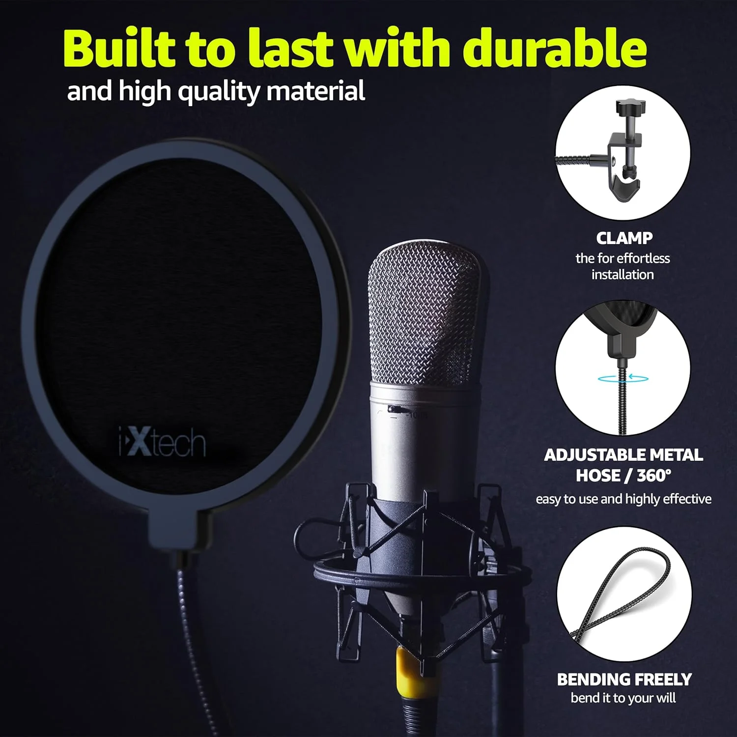 فیلتر پاپ IXTECH برای میکروفون، فیلتر پاپ دولایه بادگیر با گردنی انعطاف پذیر 360 درجه و گیره تثبیت کننده