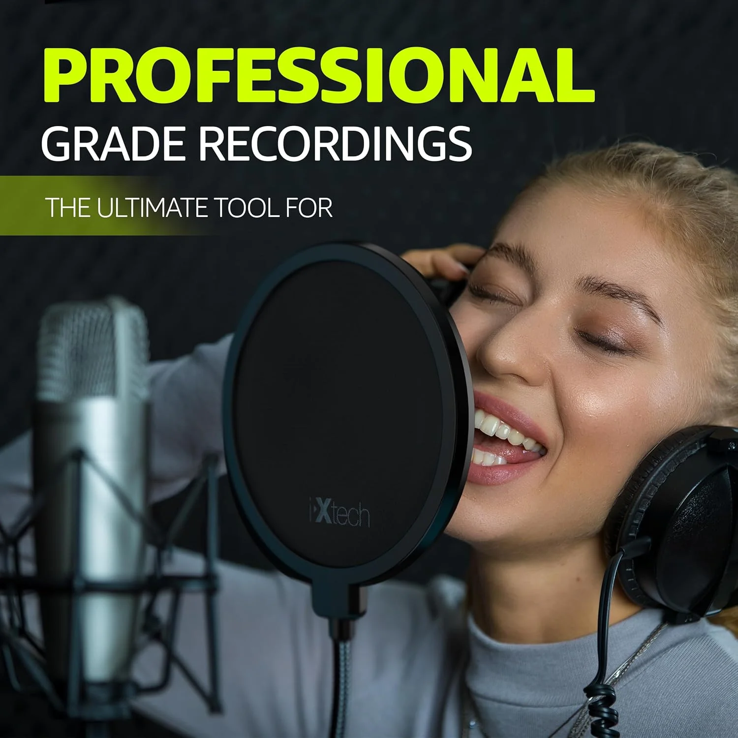 فیلتر پاپ IXTECH برای میکروفون، فیلتر پاپ دولایه بادگیر با گردنی انعطاف پذیر 360 درجه و گیره تثبیت کننده