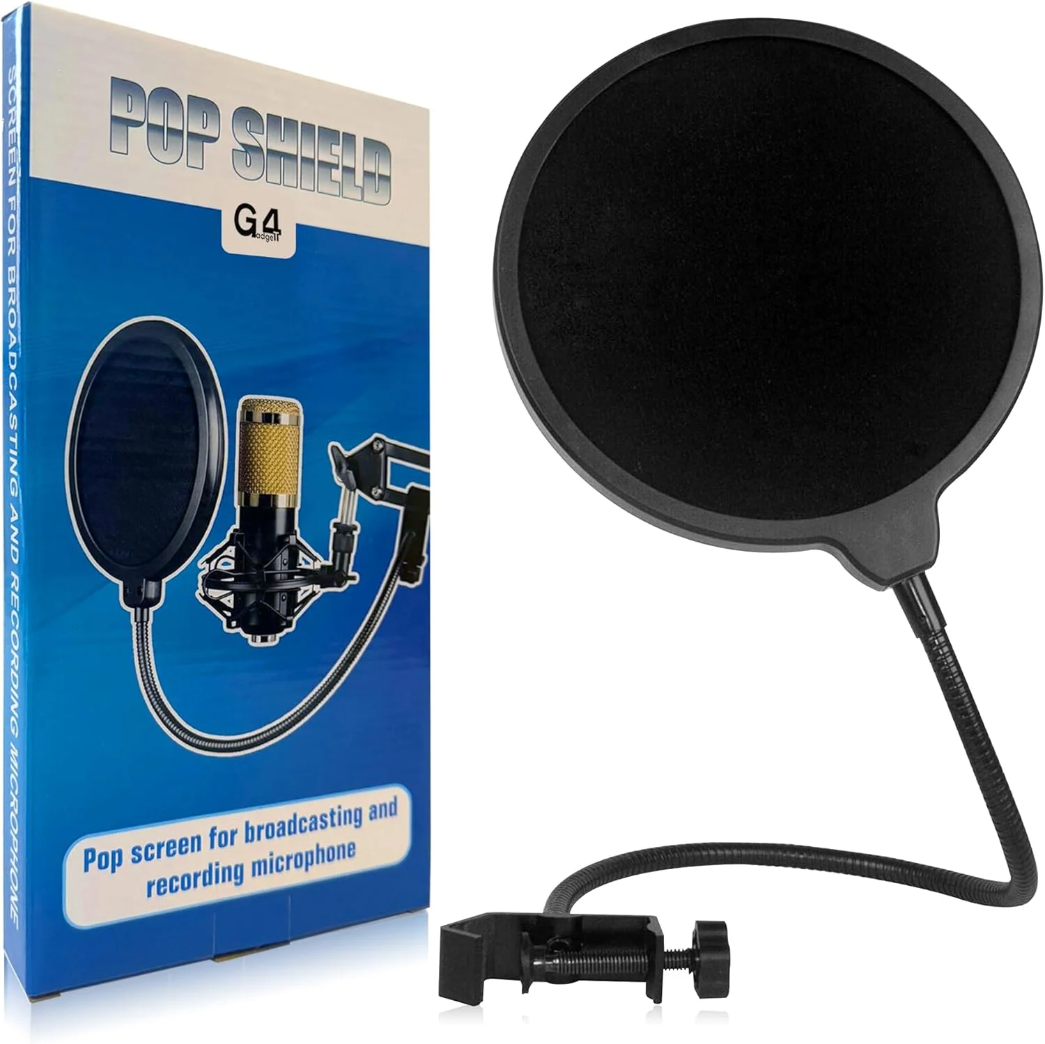 پاپ فیلتر میکروفون حرفه ای G4GADGET - شیلد میکروفون دو لایه برای بلو یتی و همه میکروفون ها، گردن غازی انعطاف پذیر 360 درجه، پاپ فیلتر میکروفون جهانی با گیره محکم