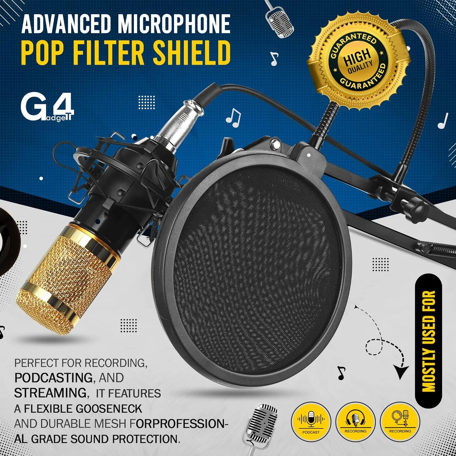 پاپ فیلتر میکروفون حرفه ای G4GADGET - شیلد میکروفون دو لایه برای بلو یتی و همه میکروفون ها، گردن غازی انعطاف پذیر 360 درجه، پاپ فیلتر میکروفون جهانی با گیره محکم