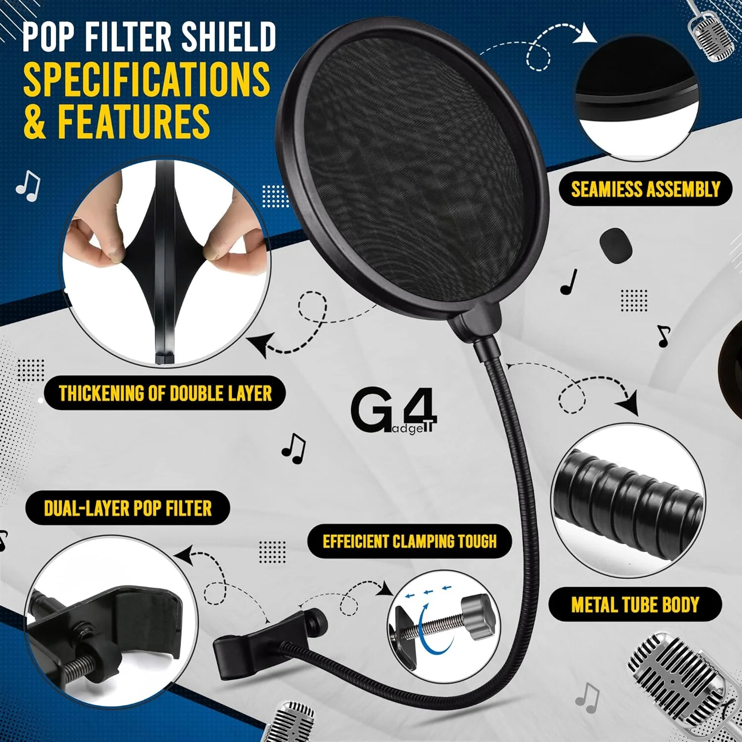 پاپ فیلتر میکروفون حرفه ای G4GADGET - شیلد میکروفون دو لایه برای بلو یتی و همه میکروفون ها، گردن غازی انعطاف پذیر 360 درجه، پاپ فیلتر میکروفون جهانی با گیره محکم