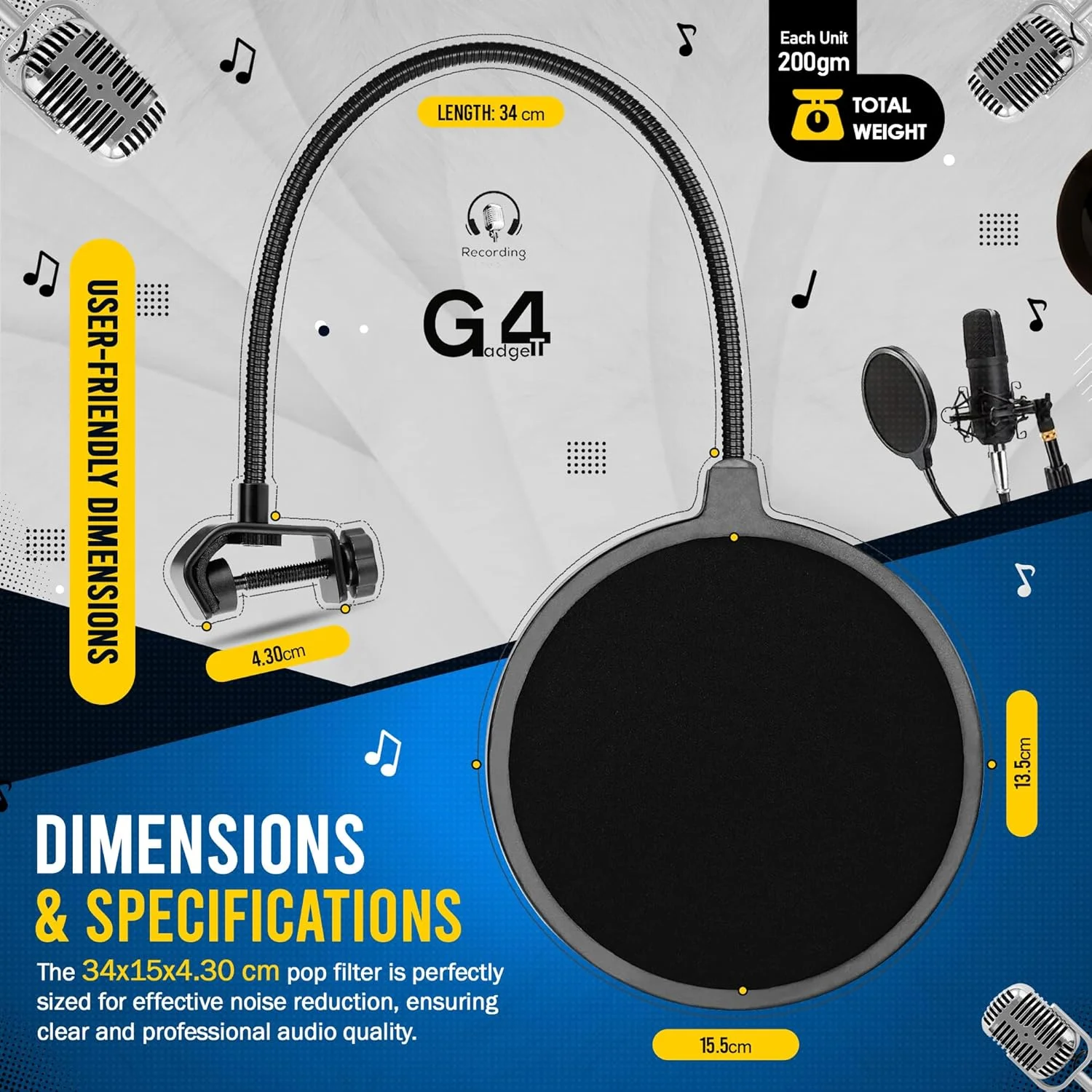 پاپ فیلتر میکروفون حرفه ای G4GADGET - شیلد میکروفون دو لایه برای بلو یتی و همه میکروفون ها، گردن غازی انعطاف پذیر 360 درجه، پاپ فیلتر میکروفون جهانی با گیره محکم