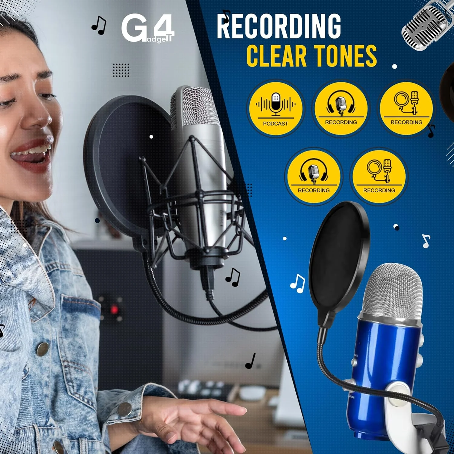 پاپ فیلتر میکروفون حرفه ای G4GADGET - شیلد میکروفون دو لایه برای بلو یتی و همه میکروفون ها، گردن غازی انعطاف پذیر 360 درجه، پاپ فیلتر میکروفون جهانی با گیره محکم