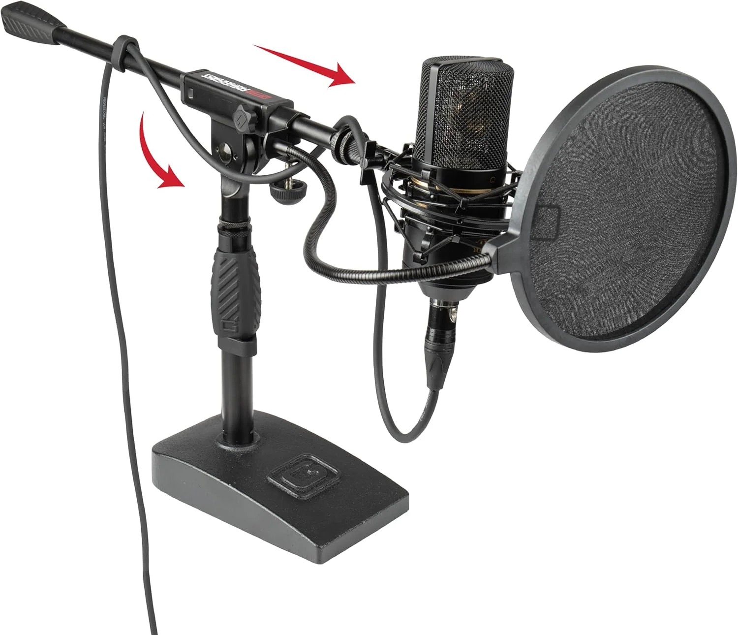 پایه میکروفون بوم بازویی کوتاه Gator Frameworks با پایه سنگین و فیلتر پاپ تک لایه گیره دار (GFW-MIC0821-POP)، مشکی