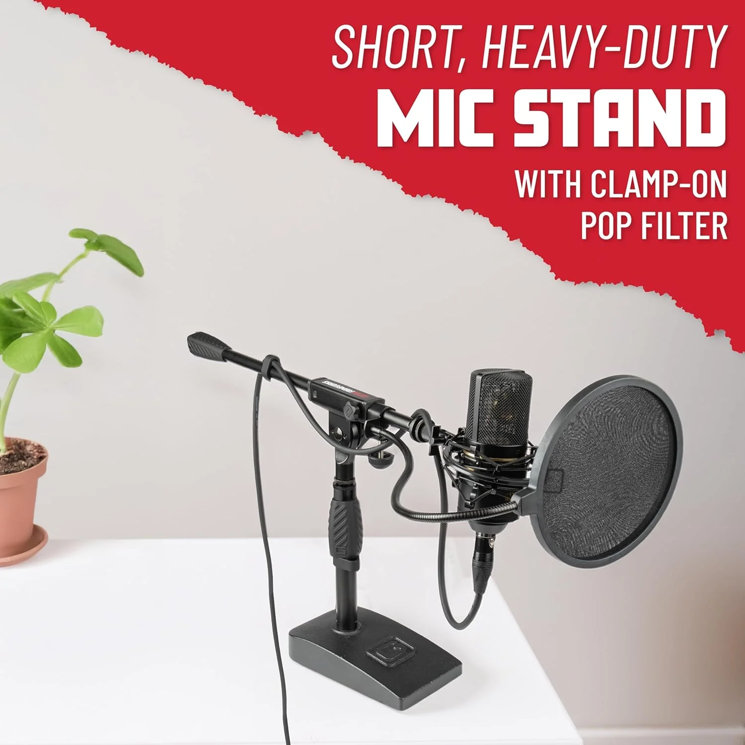 پایه میکروفون بوم بازویی کوتاه Gator Frameworks با پایه سنگین و فیلتر پاپ تک لایه گیره دار (GFW-MIC0821-POP)، مشکی