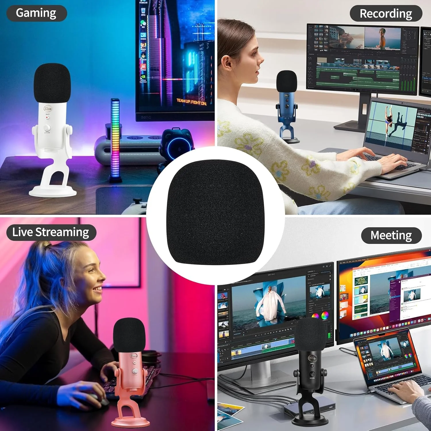 فیلتر پاپ برای میکروفون Blue Yeti، بادگیر خزدار میکروفون، روکش فوم میکروفون (فوم مشکی)