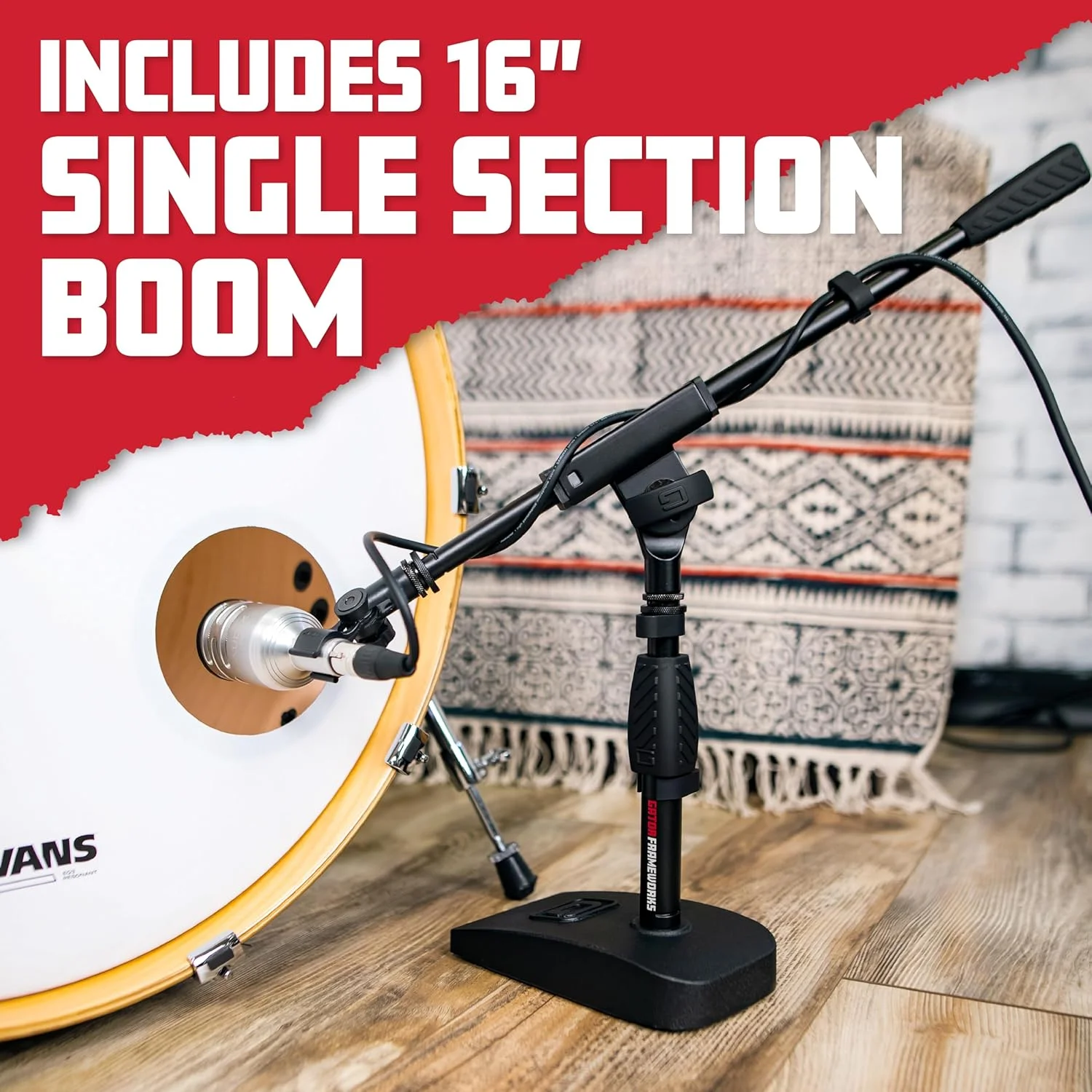 پایه میکروفون بوم بازویی کوتاه Gator Frameworks با پایه سنگین و فیلتر پاپ تک لایه گیره دار (GFW-MIC0821-POP)، مشکی