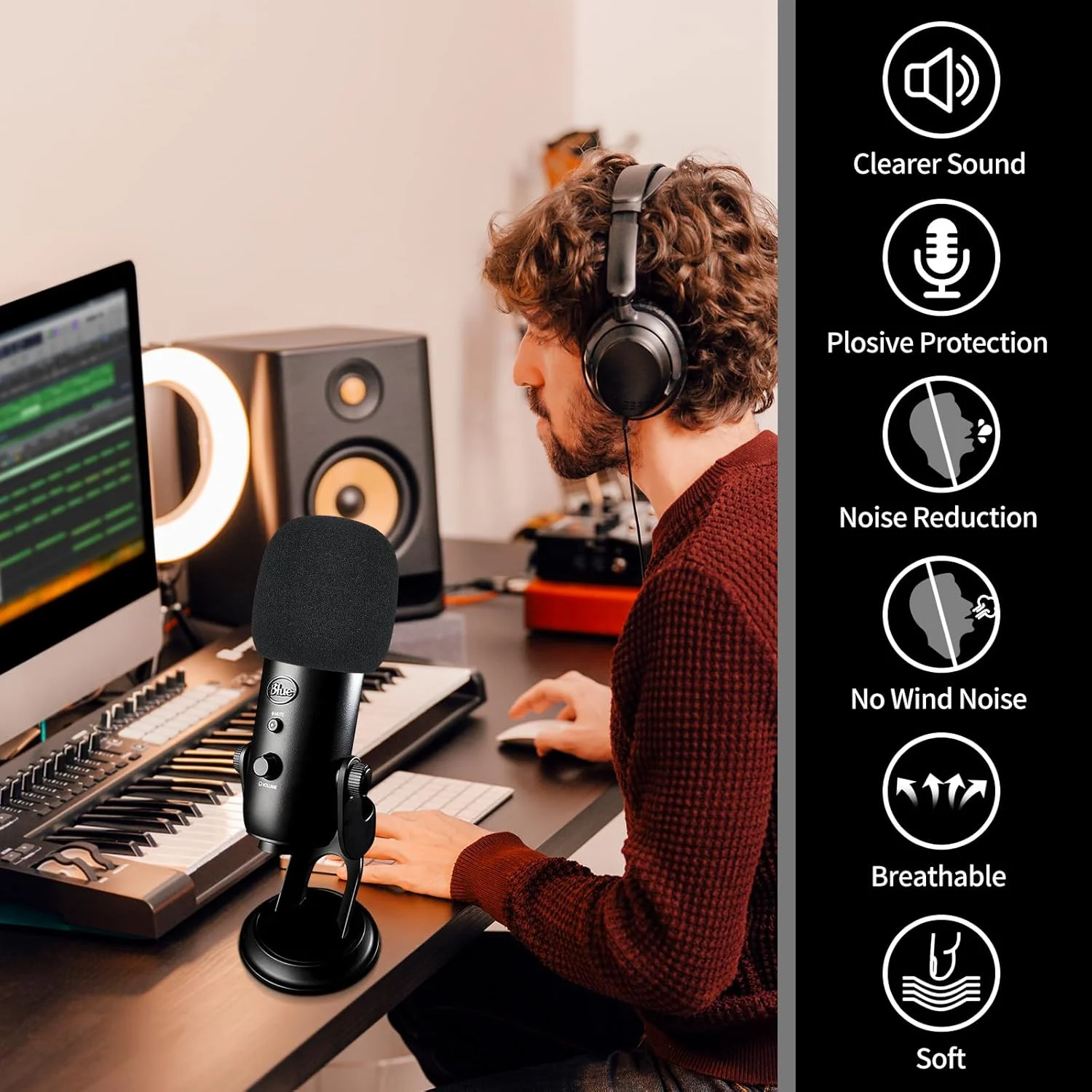 فیلتر پاپ برای میکروفون Blue Yeti، بادگیر خزدار میکروفون، روکش فوم میکروفون (فوم مشکی)