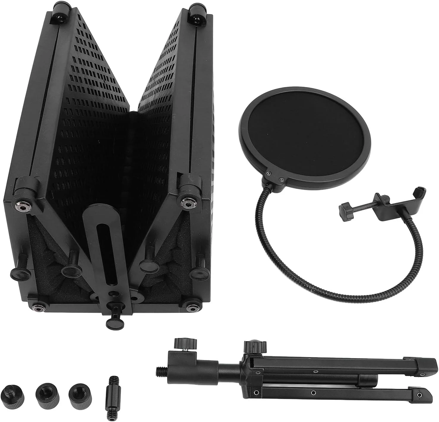 Eujgoov محافظ میکروفون تاشو استودیویی با فیلتر پاپ، لرزه گیر و پایه سه پایه