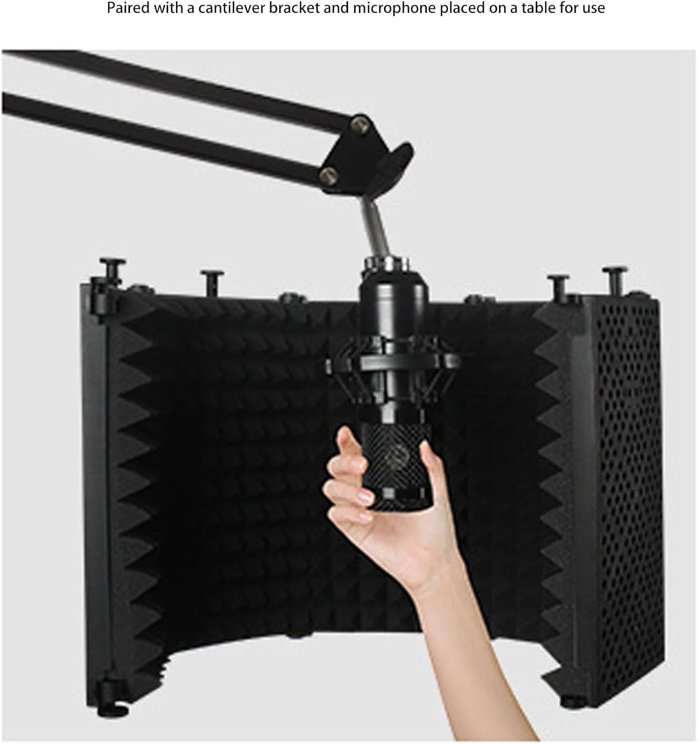 Eujgoov محافظ میکروفون تاشو استودیویی با فیلتر پاپ، لرزه گیر و پایه سه پایه