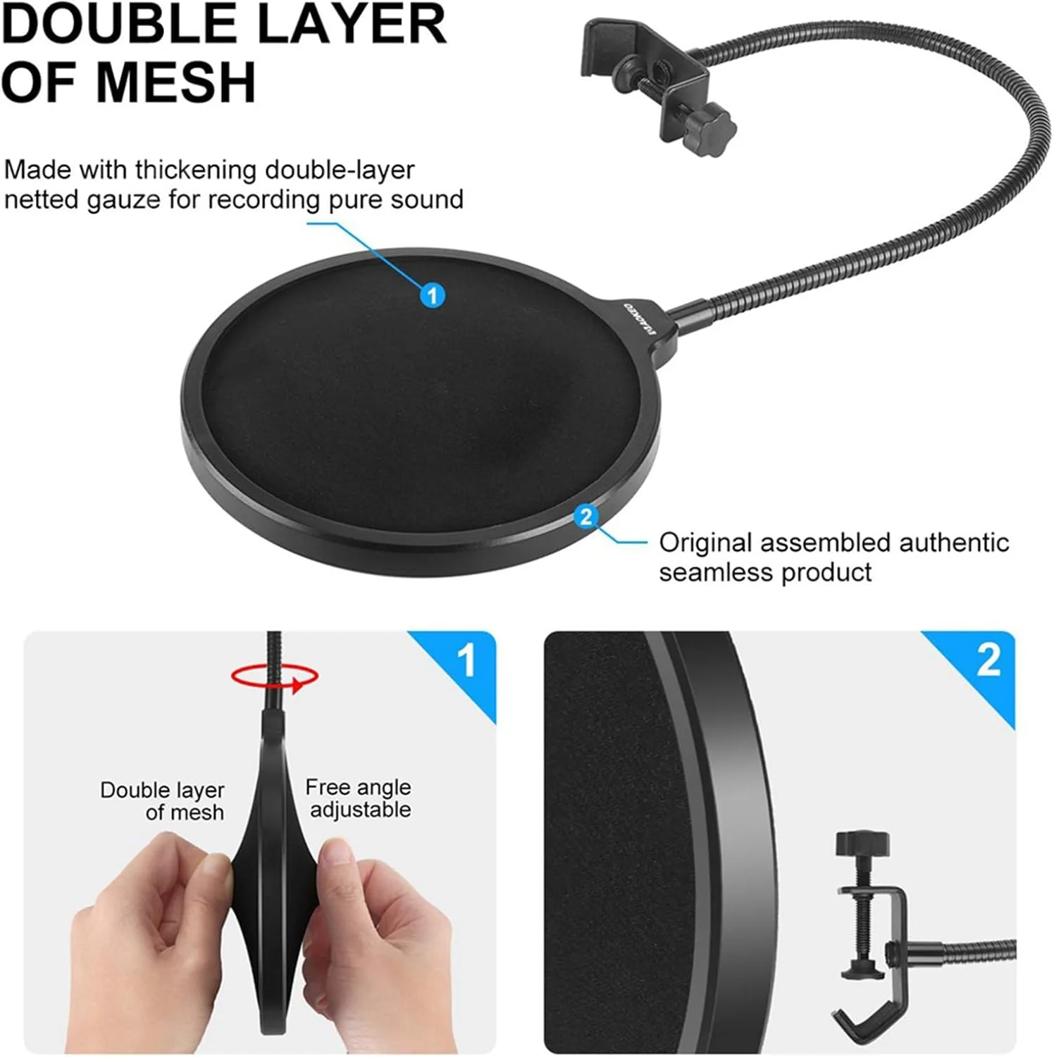 فیلتر پاپ میکروفون | محافظ باد میکروفون ضبط صدا - محافظ باد تجهیزات صوتی دو لایه با گردن غازی قابل تنظیم برای خوانندگی و گویندگی