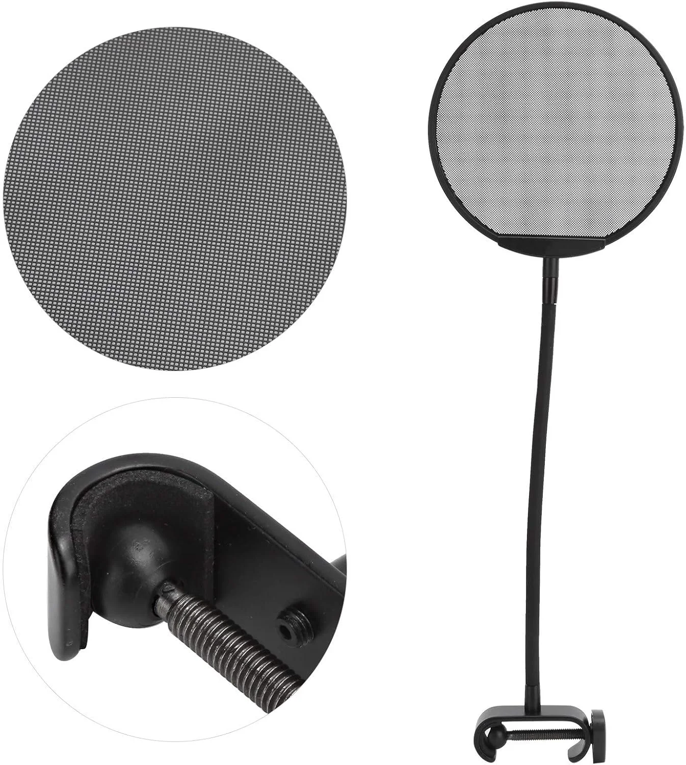 فیلتر پاپ میکروفون Dilwe، محافظ باد میکروفون، فیلتر پاپ میکروفون قابل تنظیم 5، توری میکروفون فولادی گیره گردن غازی (تمام مشکی)