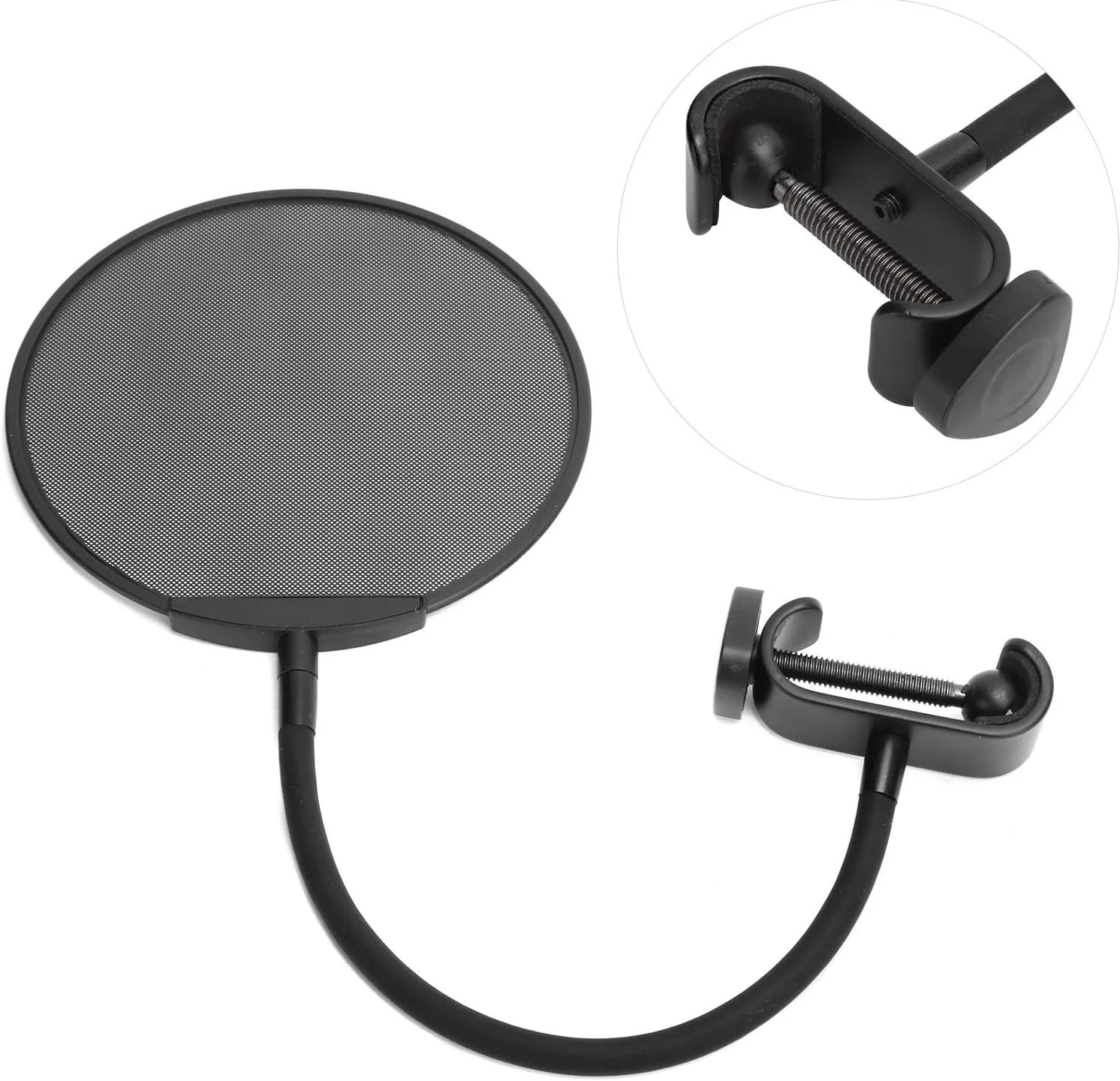 فیلتر پاپ میکروفون Dilwe، محافظ باد میکروفون، فیلتر پاپ میکروفون قابل تنظیم 5، توری میکروفون فولادی گیره گردن غازی (تمام مشکی)