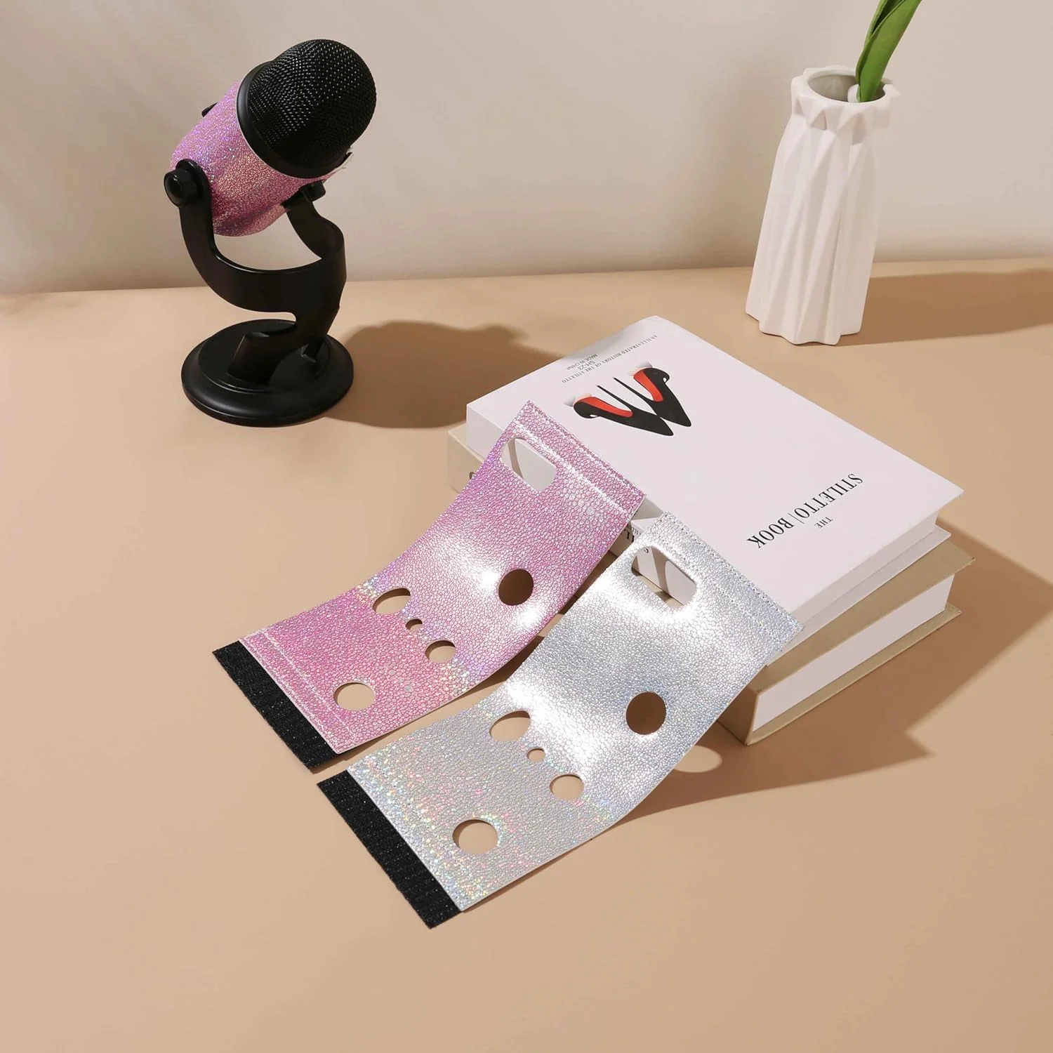 فیلتر پاپ آبی یتی درخشان - طراحی بند چسبی زیبا، روکش الماس براق سازگار با میکروفون های آبی یتی (نقره ای) (صورتی درخشان)