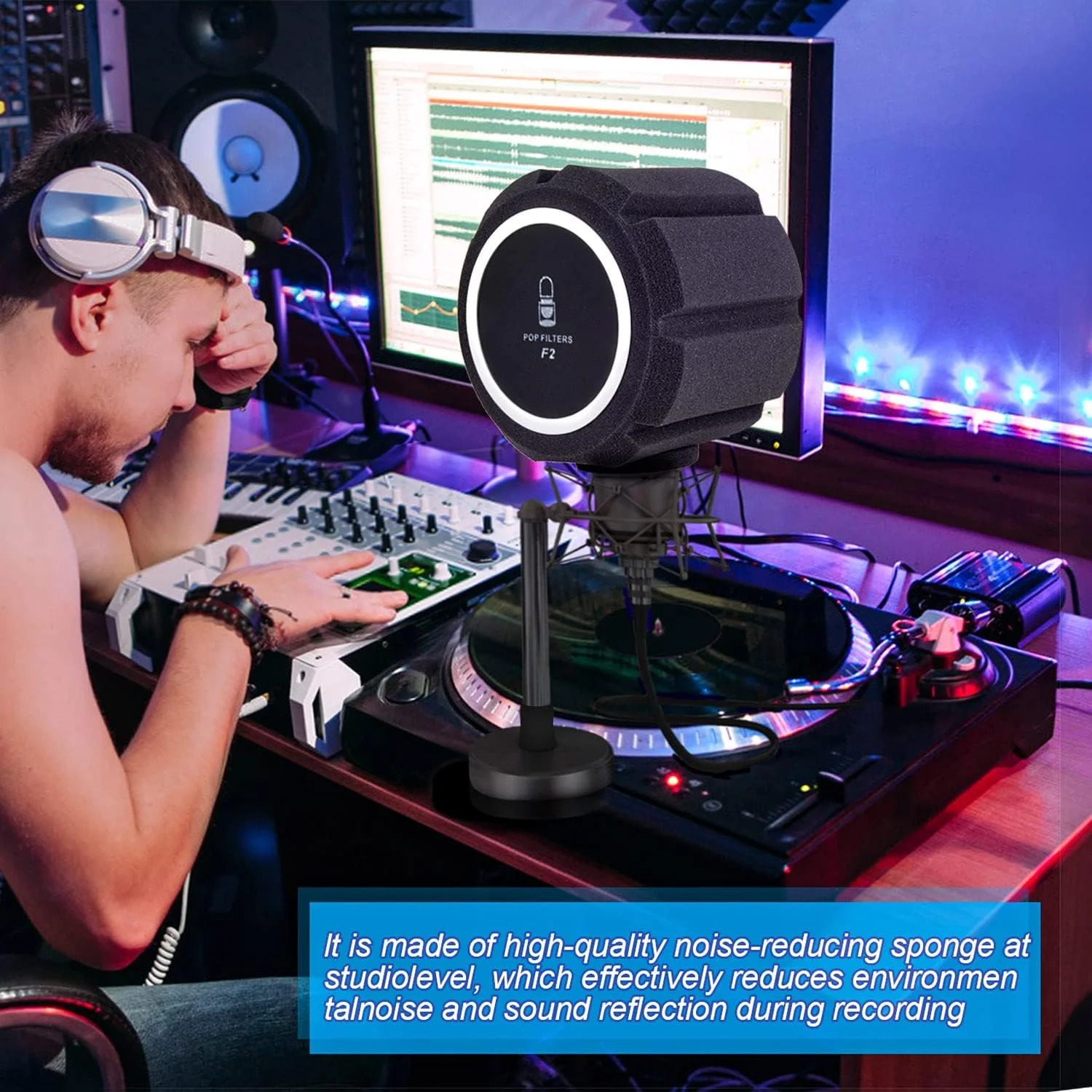 فیلتر پاپ فوم محافظ میکروفون Facmogu، فیلتر آکوستیک برای میکروفون های استودیویی ضبط صدا، فوم جاذب صدا کاهش دهنده نویز - مشکی