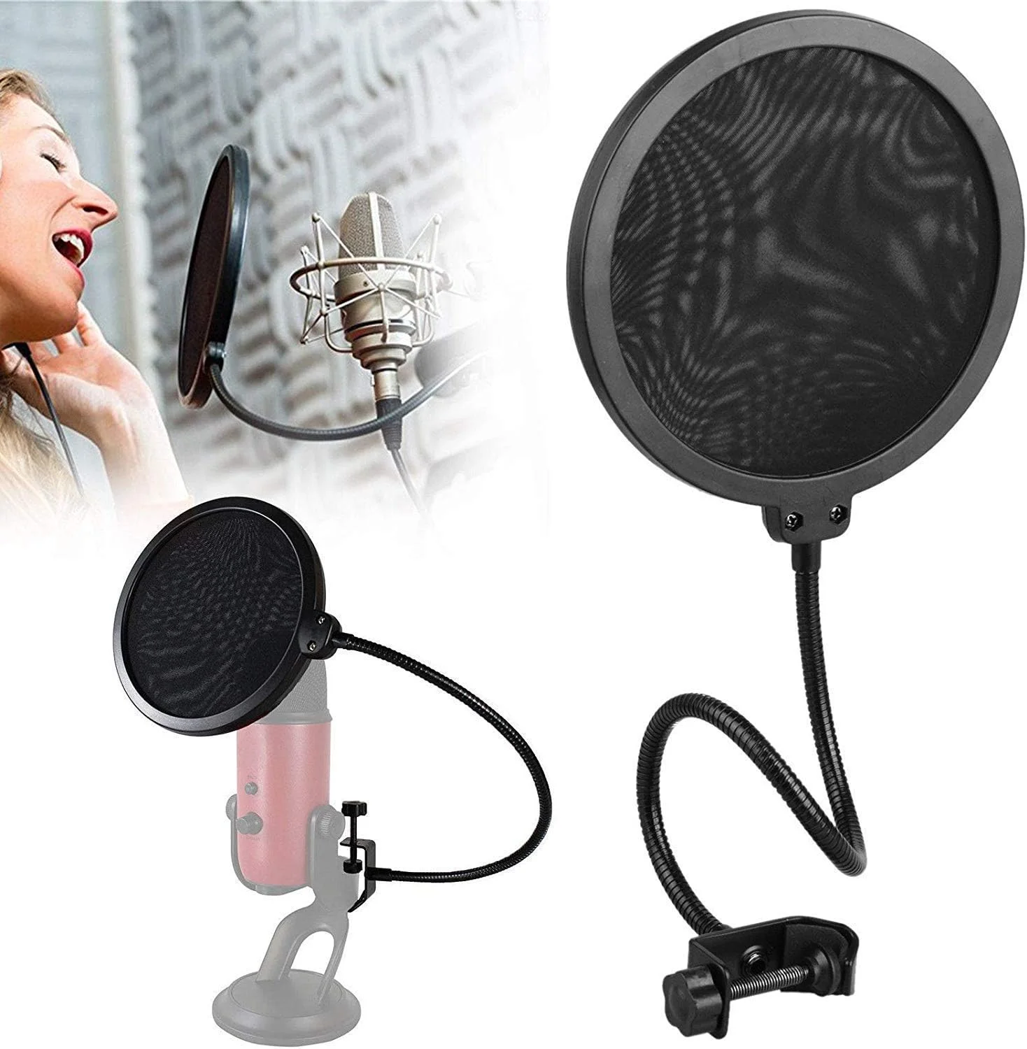 دستگاه فیلتر پاپ استودیویی دو لایه حرفه ای URBAN INFOTECH با گردن غازی و گیره قابل تنظیم برای میکروفون کندانسور، نگهدارنده گردن غازی انعطاف پذیر 360 درجه (6 اینچ)