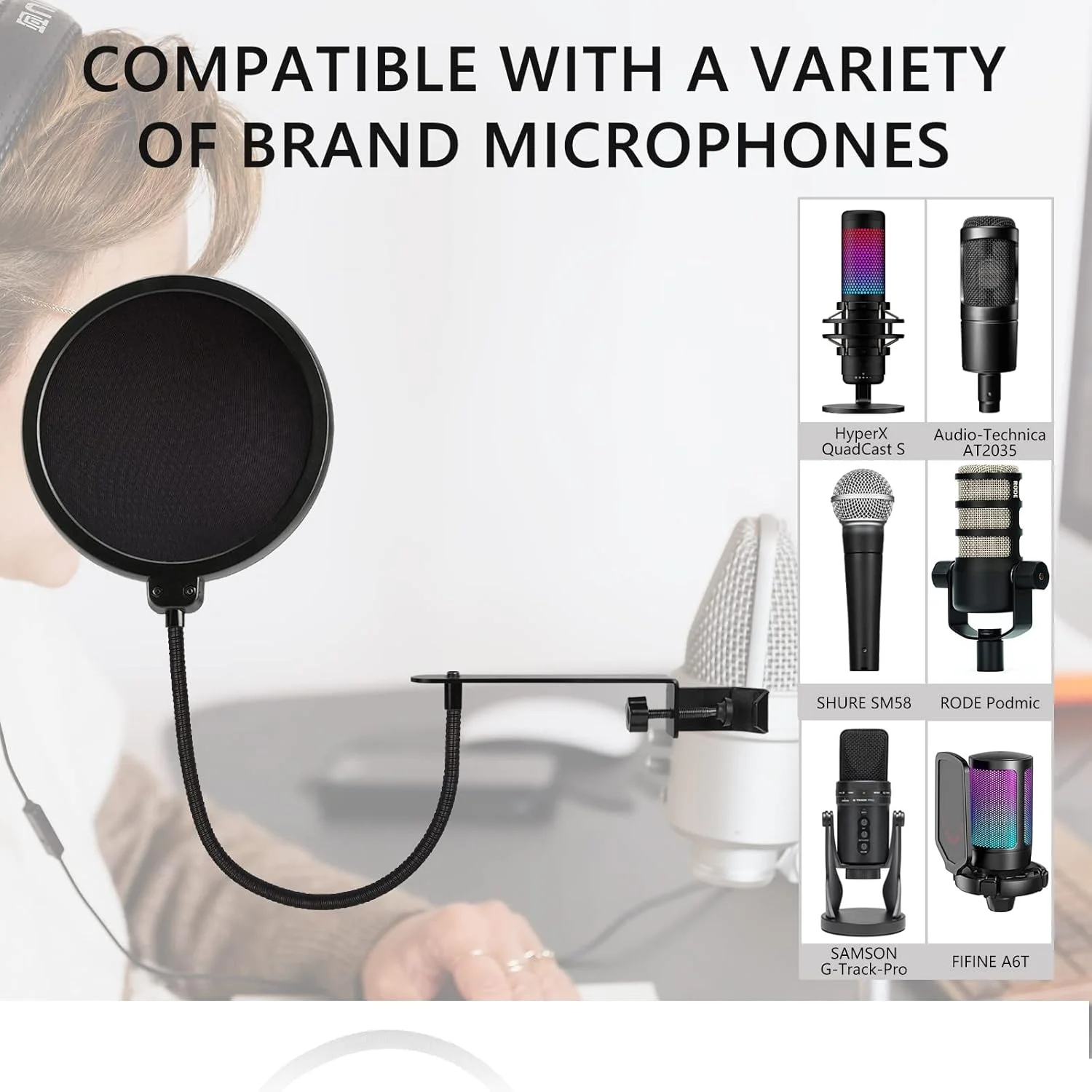 فیلتر پاپ میکروفون Geekria for Creators، محافظ فیلتر میکروفون 5 اینچی، ماسک ضد پاپ گردن غازی انعطاف پذیر با گیره C گسترده، صفحه پاپ باد سازگار با Audio-Technica AT2020 (سایز L)