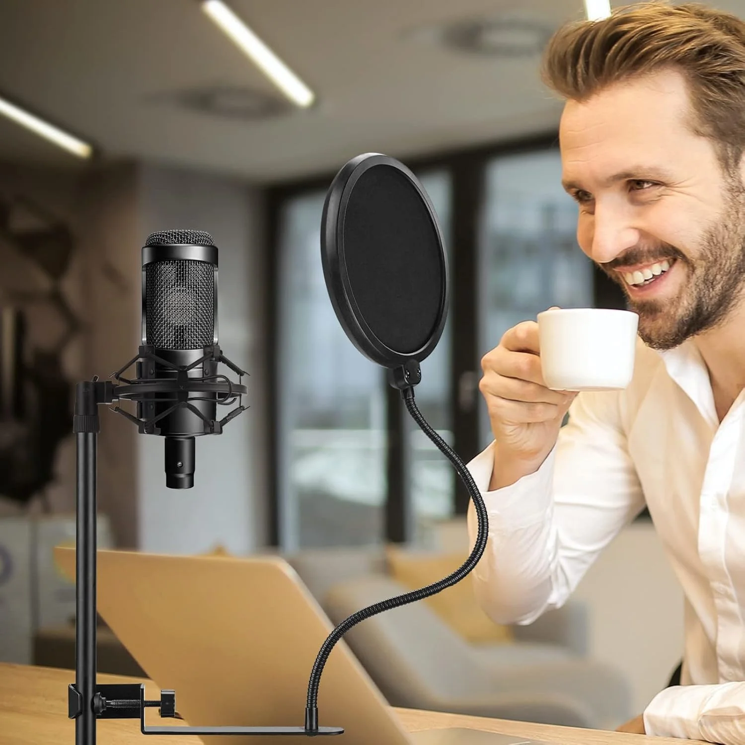 فیلتر پاپ میکروفون Geekria for Creators، محافظ فیلتر میکروفون 5 اینچی، ماسک ضد پاپ گردن غازی انعطاف پذیر با گیره C گسترده، صفحه پاپ باد سازگار با Audio-Technica AT2020 (سایز L)