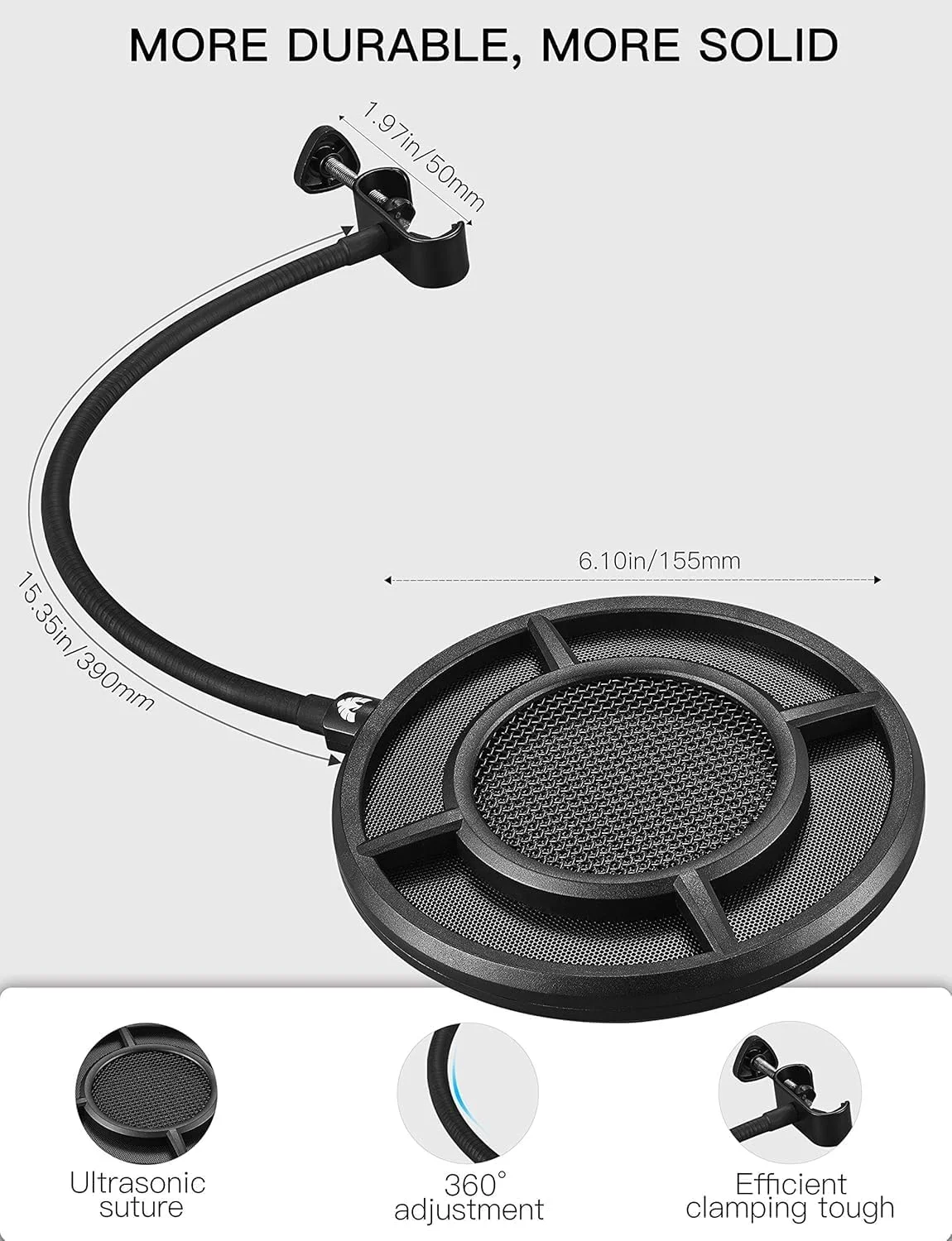 پاپ فیلتر میکروفون Azonee، پاپ فیلتر میکروفون دو لایه، توری فلزی حرفه ای پاپ فیلتر میکروفون، فیلتر میکروفون با بازوی تثبیت کننده گیره گردن غازی انعطاف پذیر 360 درجه، برای Blue Yeti و هر میکروفون دیگر