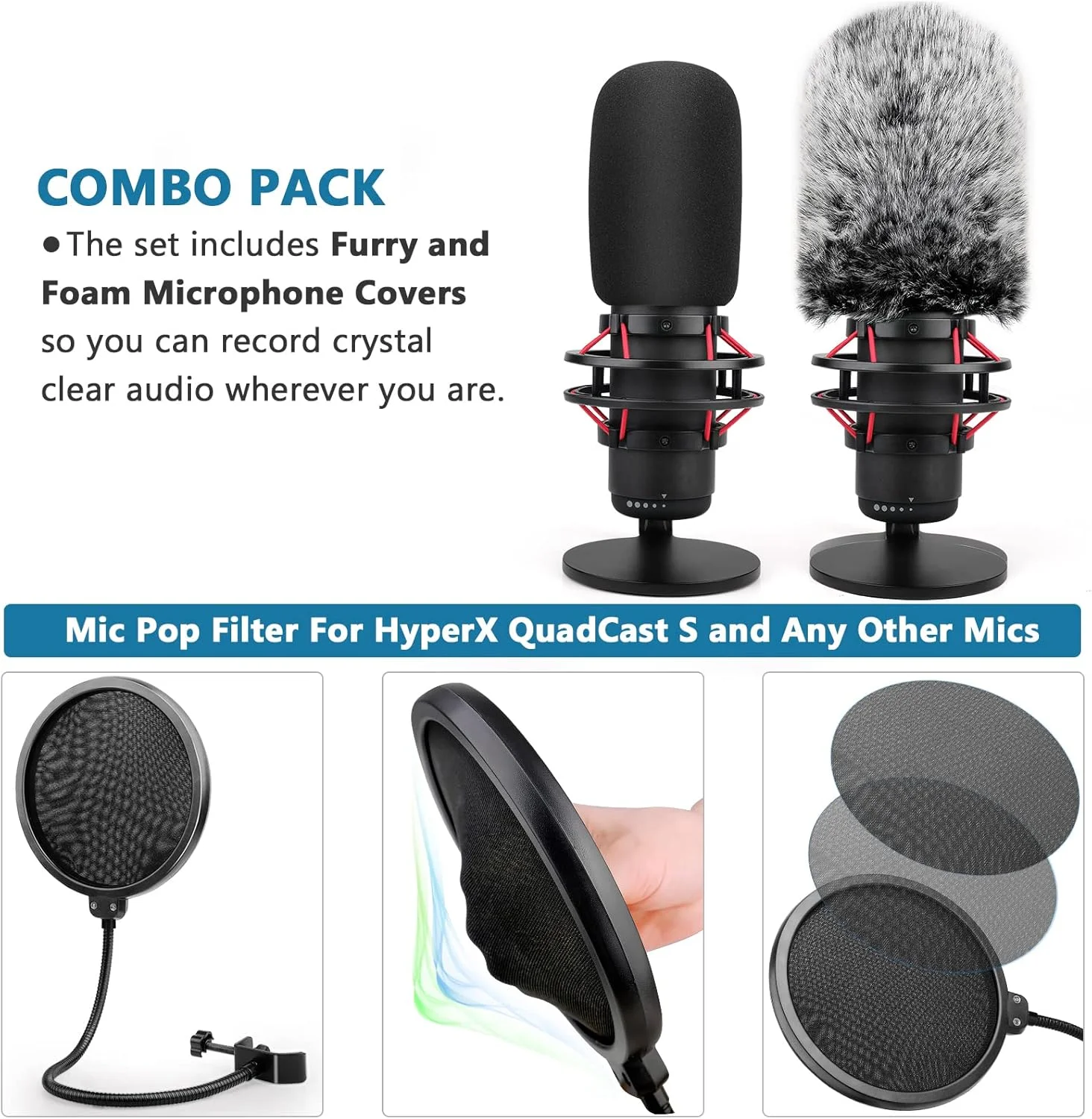 فیلتر پاپ ChromLives برای Hyperx Quadcast، فیلتر پاپ میکروفون Quadcast S مدل 3 در 1 + بادگیر خزدار + روکش میکروفون فومی برای میکروفون Hyperx، مجموعه فیلتر پاپ QuadCast کاهش نویز حرفه ای، بسته ترکیبی 3 عددی