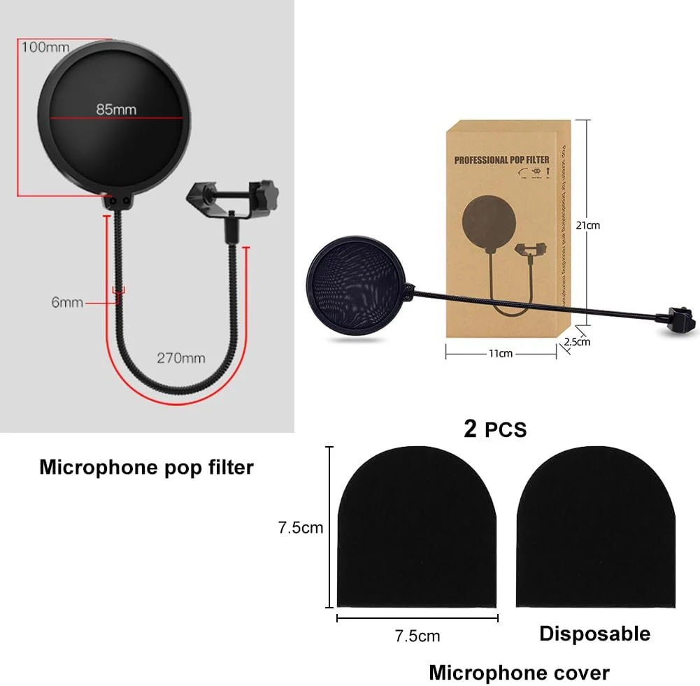 پاپ فیلتر میکروفون Bavooty، ماسک پاپ فیلتر میکروفون حرفه ای، پاپ فیلتر برای میکروفون ها، فیلتر جاذب میکروفون محافظ پاپ با گیره پایه، با گردن غازی انعطاف پذیر 360 درجه