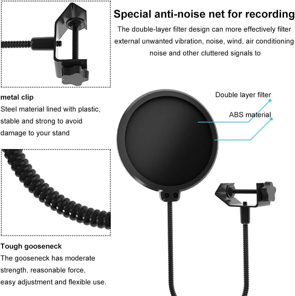 پاپ فیلتر میکروفون Bavooty، ماسک پاپ فیلتر میکروفون حرفه ای، پاپ فیلتر برای میکروفون ها، فیلتر جاذب میکروفون محافظ پاپ با گیره پایه، با گردن غازی انعطاف پذیر 360 درجه