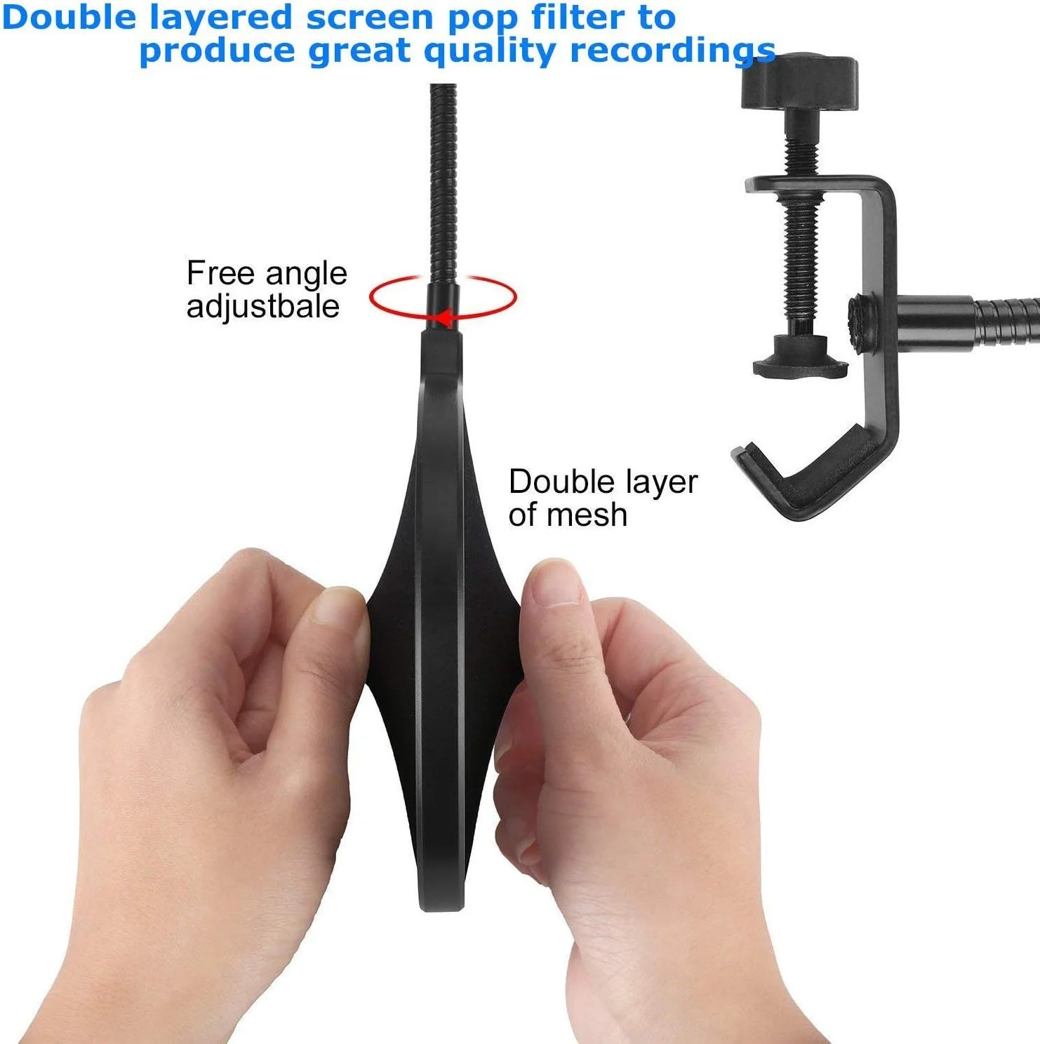 فیلتر پاپ میکروفون، محافظ پاپ دولایه میکروفون استودیویی با گردن غازی انعطاف پذیر 360 درجه و بازوی تثبیت کننده گیره برای ضبط، پخش، استریم و آواز فیلتر پاپ میکروفون، محافظ پاپ دولایه میکروفون استودیویی با گردن غازی انعطاف پذیر 360 درجه و بازوی تثبیت کننده گیره برای ضبط، پخش، استریم و آواز