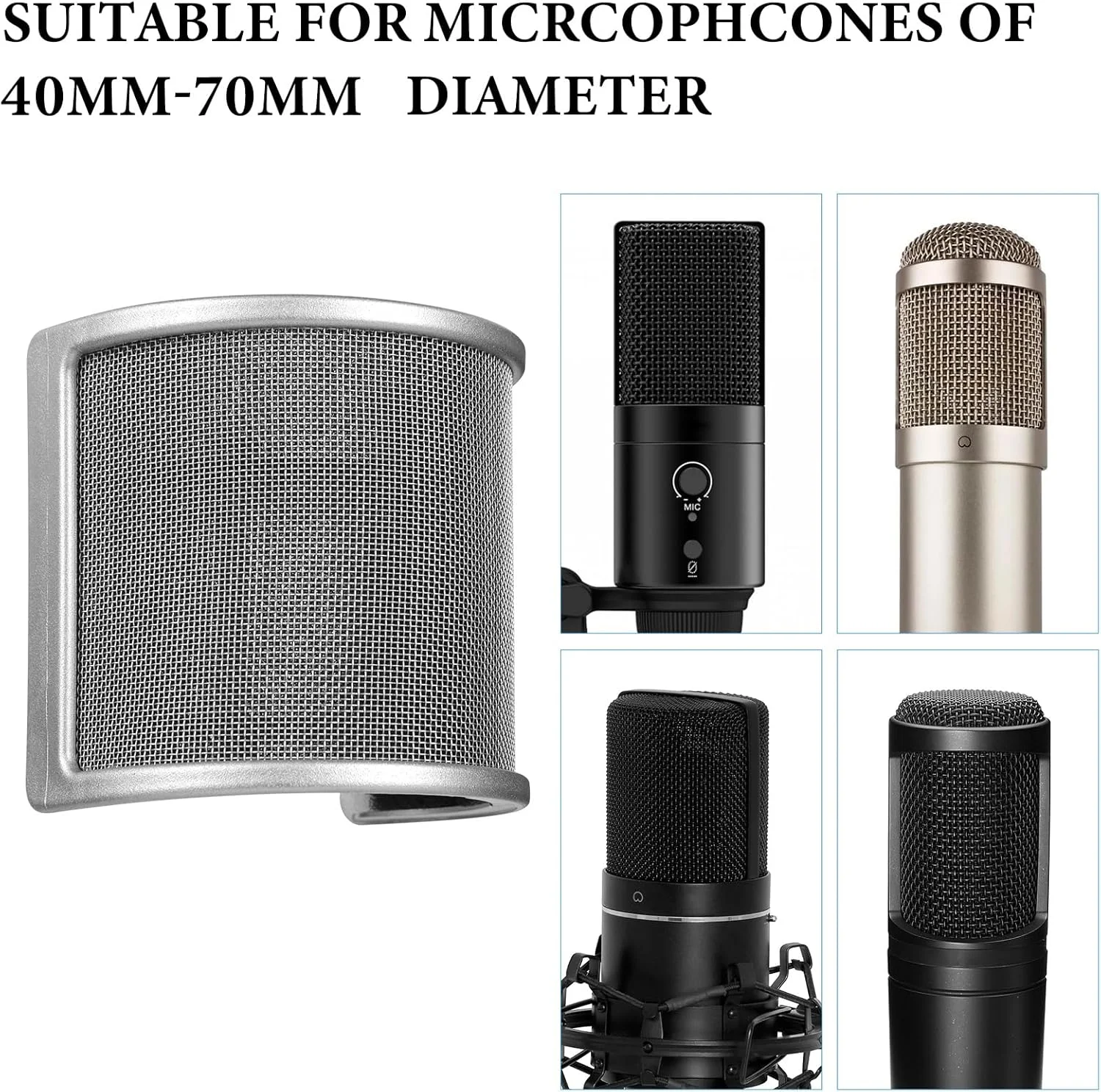 فیلتر پاپ فلزی میکروفون Geekria for Creators، روکش بادگیر با توری فلزی و فیلتر فوم، ماسک ضد پاپ سازگار با Audio-Technica AT2020, FIFINE K669B, Rode NT-USB (سایز S/نقره ای)