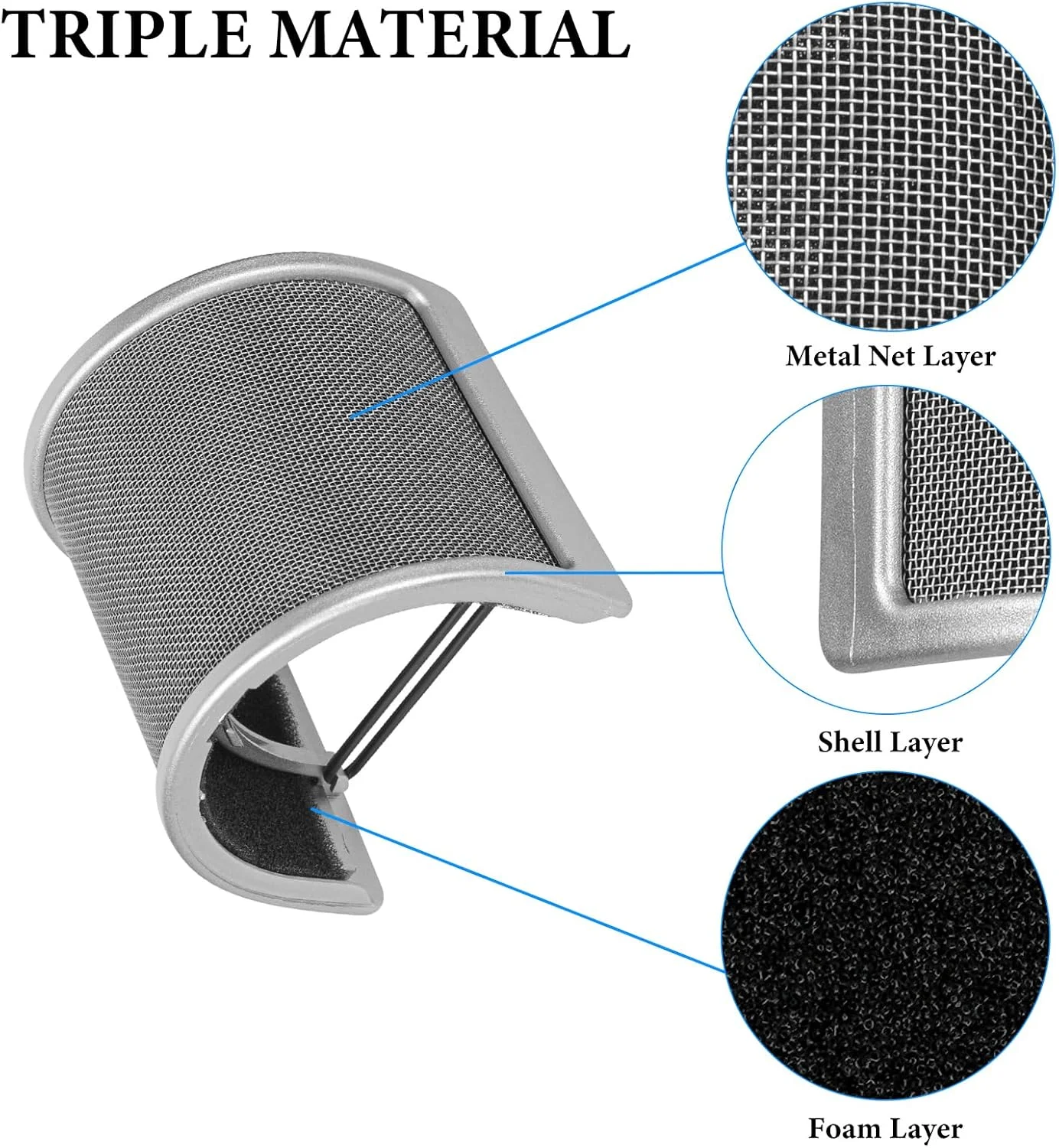 فیلتر پاپ فلزی میکروفون Geekria for Creators، روکش بادگیر با توری فلزی و فیلتر فوم، ماسک ضد پاپ سازگار با Audio-Technica AT2020, FIFINE K669B, Rode NT-USB (سایز S/نقره ای)