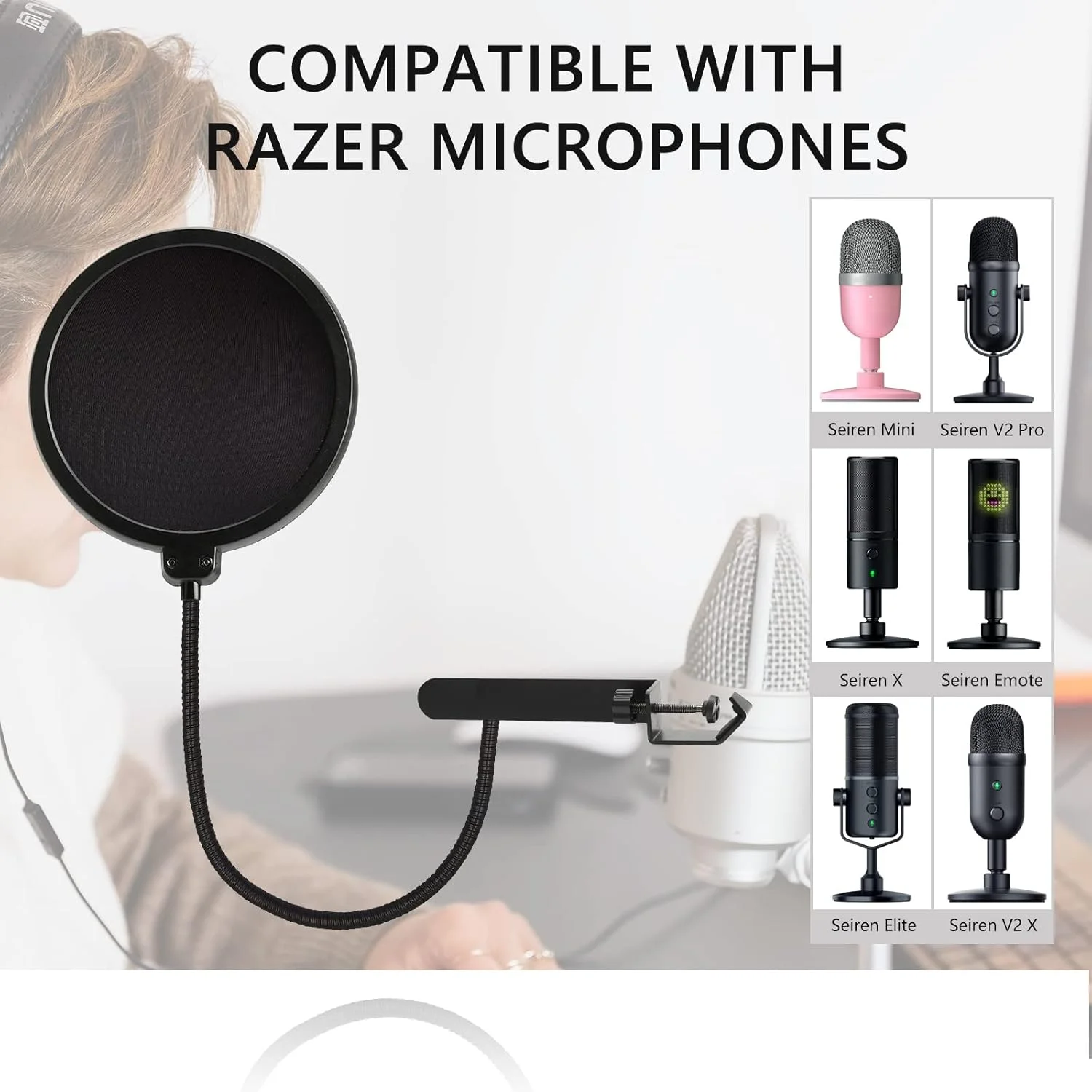 فیلتر پاپ میکروفون Geekria for Creators سازگار با Razer Seiren X, Mini, V2 Pro, Elite, Emote، شیلد فیلتر میکروفون با بازوی فلزی تثبیت کننده، ماسک ضد پاپ با گیره C (سایز L)