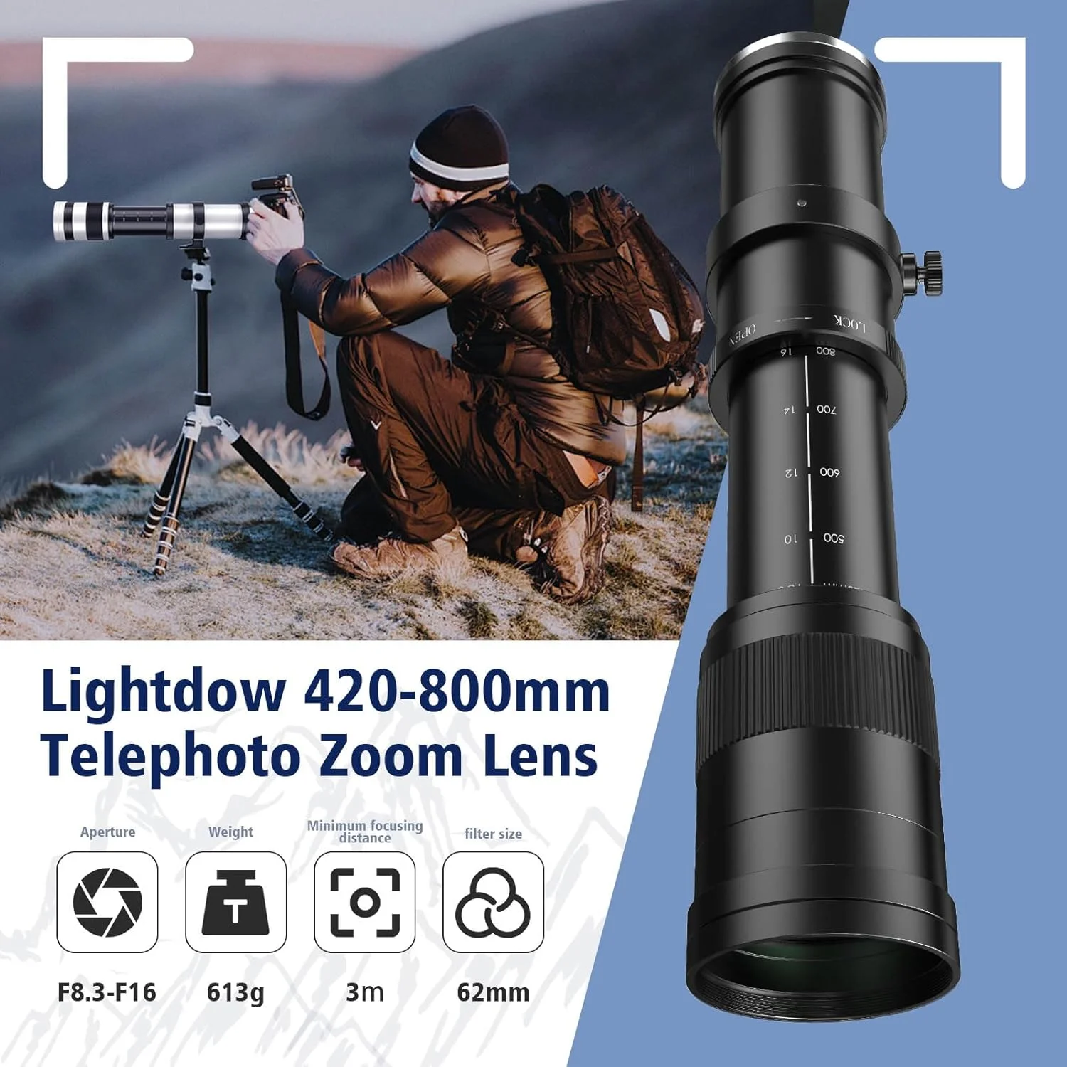 لنز زوم تله فوتو 420-800 میلیمتری F8.3 (MF) برای دوربینهای DSLR کانن EOS Rebel T8i/T7i/T7/T6i/T5/T3i/T2i/XSi/SL3/SL2/T100/90D/80D/70D/50D/5D Mark IV/6D II/7D II/1D X III II - فوکوس دستی (مشکی) لنز زوم تله فوتو 420-800 میلیمتری F8.3 (MF) برای دوربینهای DSLR کانن EOS Rebel T8i/T7i/T7/T6i/T5/T3i/T2i/XSi/SL3/SL2/T100/90D/80D/70D/50D/5D Mark IV/6D II/7D II/1D X III II - فوکوس دستی (مشکی)