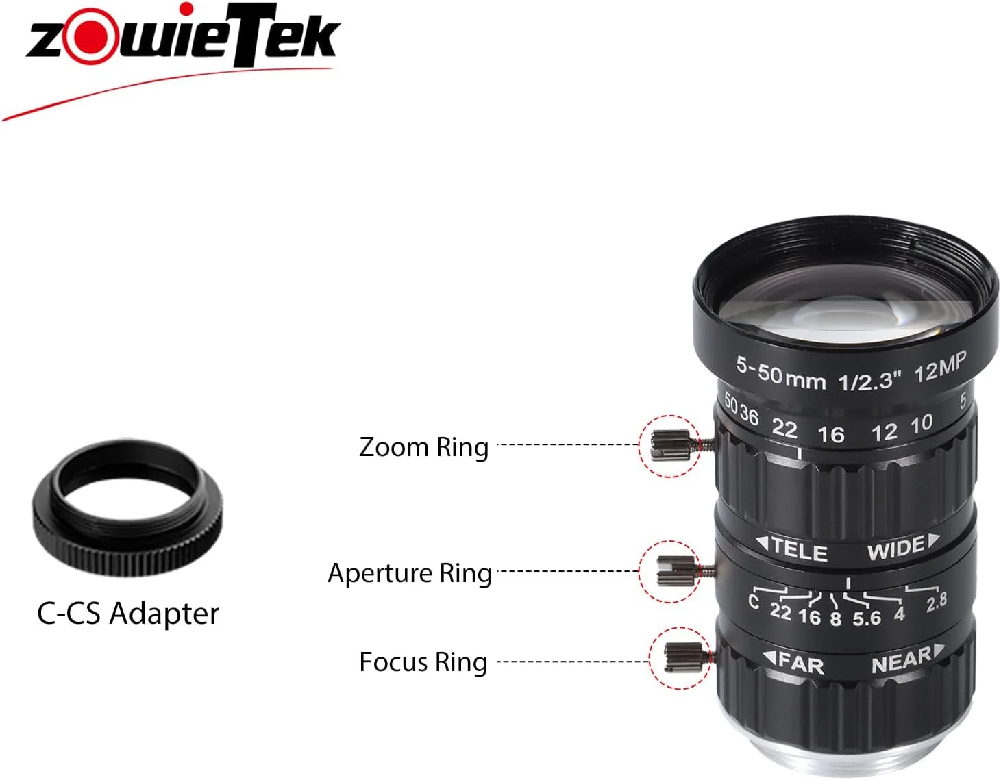 لنز زوم 5-50 میلی‌متری Zowietek با مانت C و آداپتور C-CS، برای دوربین Zowietek POV مدل مانت CS و دوربین Raspberry Pi HQ مدل‌های IMX172، IMX274، IMX290، لنز تلسکوپ صنعتی