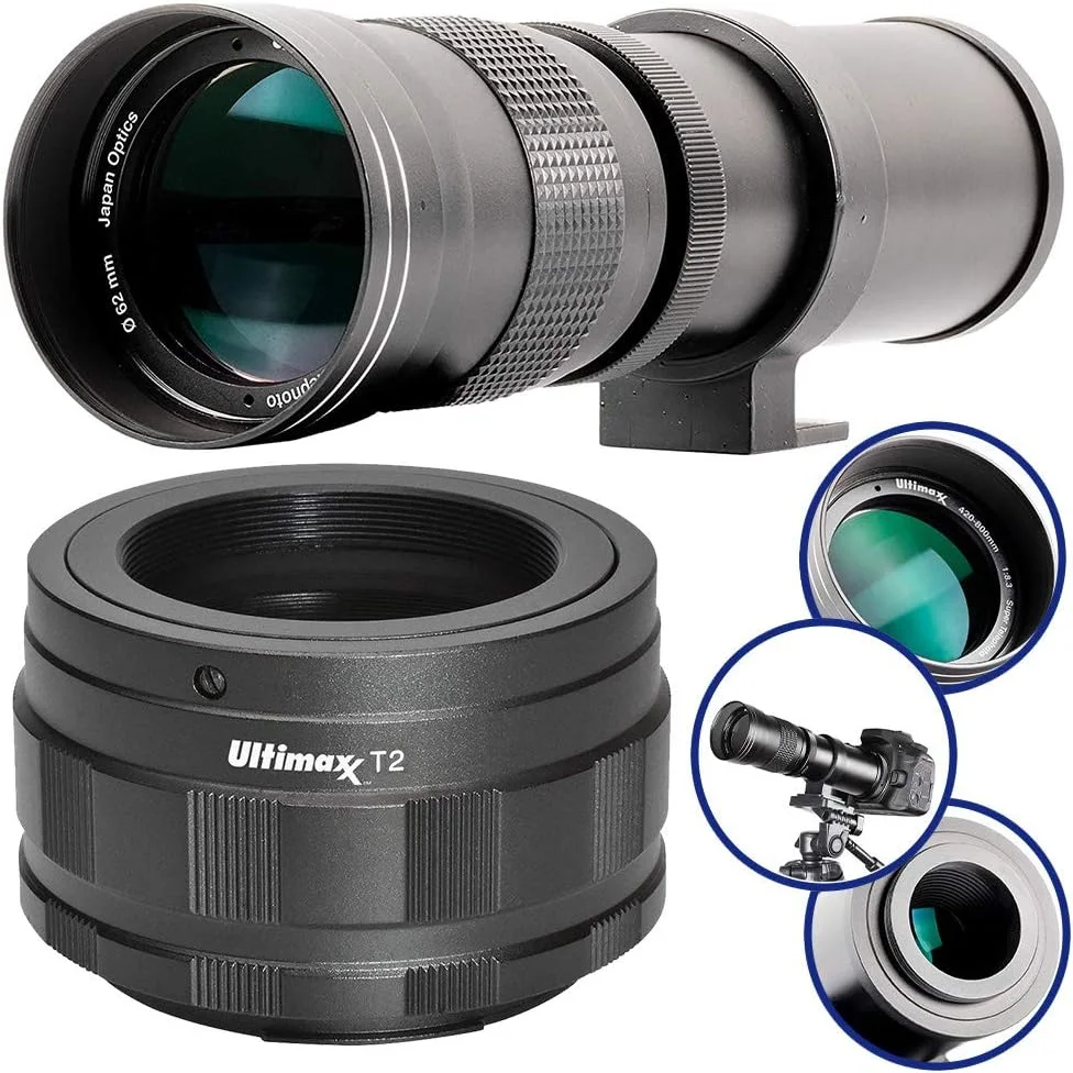 لنز تله فوتو زوم دستی سوپر HD مدل Ultimaxx 420-800mm f/8.3-16 با مانت T برای دوربین های بدون آینه Canon EOS R و RP - شامل: آداپتور مانت T به Canon RF و موارد دیگر
