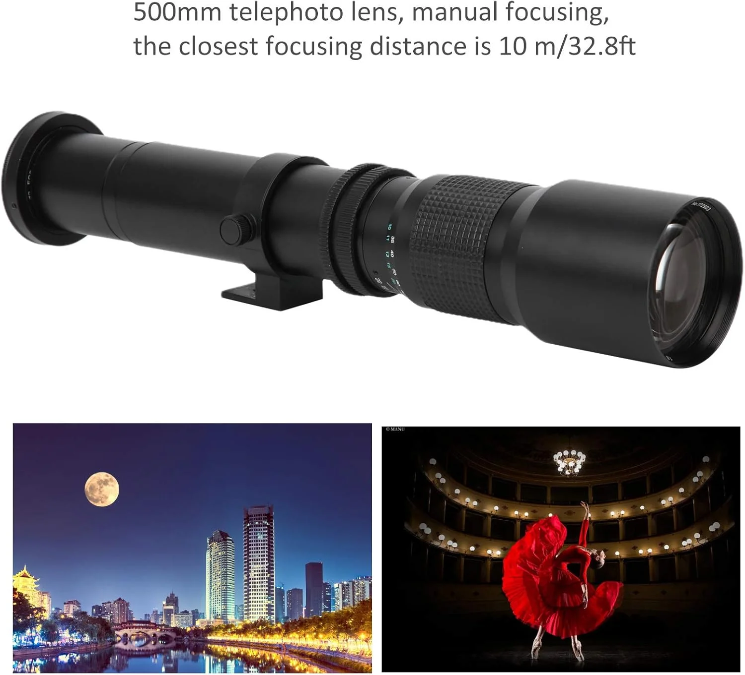 لنز تله فوتو 500 میلی‌متری، لنز زوم MF با فوکوس دستی دیافراگم F8-F32 برای دوربین‌های SLR با مانت EFS به همراه لنز بزرگنمایی 2X (درب لنز نصب شده)، 2 عدد کیف نگهداری (مشکی)
