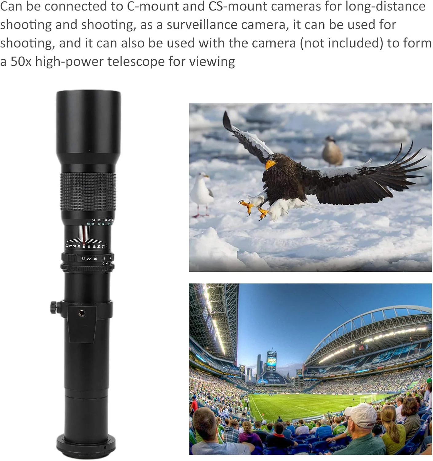 لنز تله فوتو 500 میلی‌متری، لنز زوم MF با فوکوس دستی دیافراگم F8-F32 برای دوربین‌های SLR با مانت EFS به همراه لنز بزرگنمایی 2X (درب لنز نصب شده)، 2 عدد کیف نگهداری (مشکی)