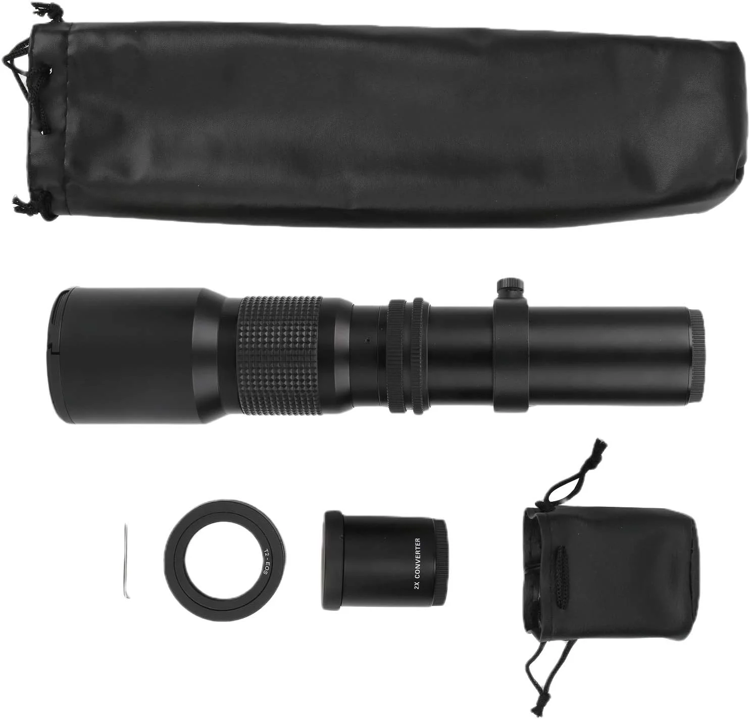 لنز تله فوتو 500 میلی‌متری، لنز زوم MF با فوکوس دستی دیافراگم F8-F32 برای دوربین‌های SLR با مانت EFS به همراه لنز بزرگنمایی 2X (درب لنز نصب شده)، 2 عدد کیف نگهداری (مشکی)