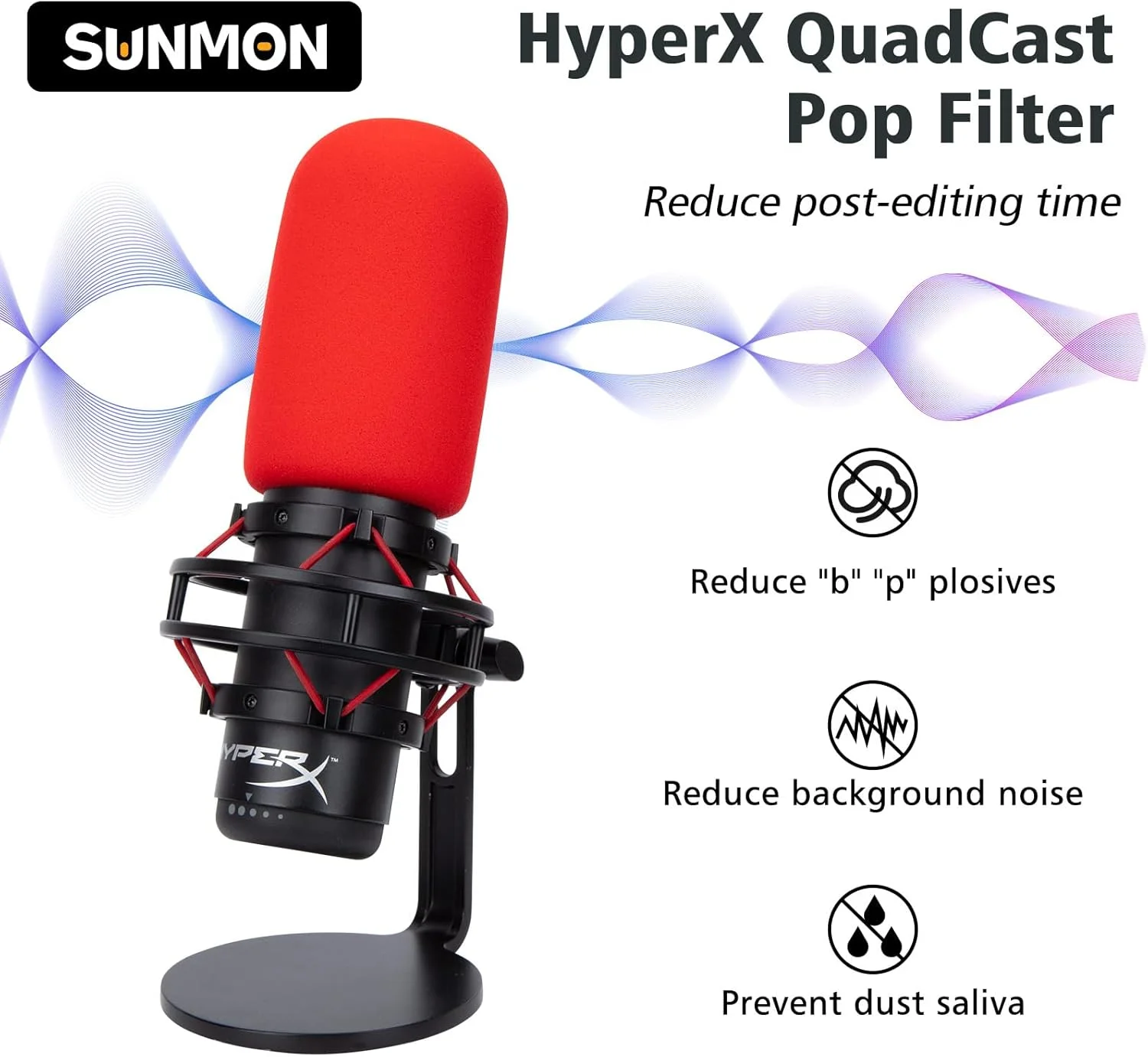 فیلتر پاپ قرمز SUNMON برای HyperX QuadCast - روکش فوم میکروفون کاهش نویز، فیلتر پاپ Hyper x بهبود کیفیت صدا، محافظ باد میکروفون سازگار با میکروفون HyperX QuadCast S